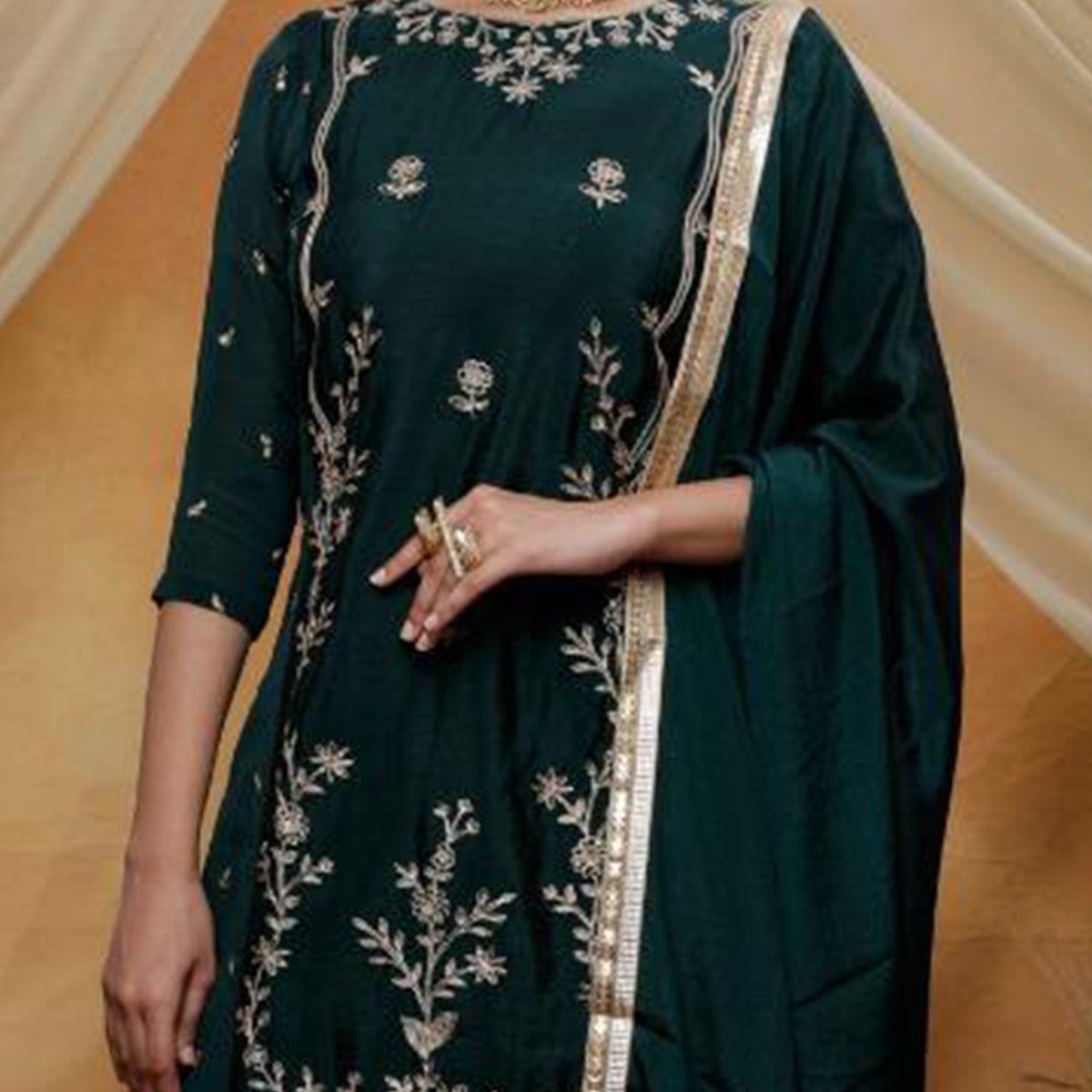 Charming Green Colored Party Wear Embroidered Art Silk Palazzo Suit - Peachmode