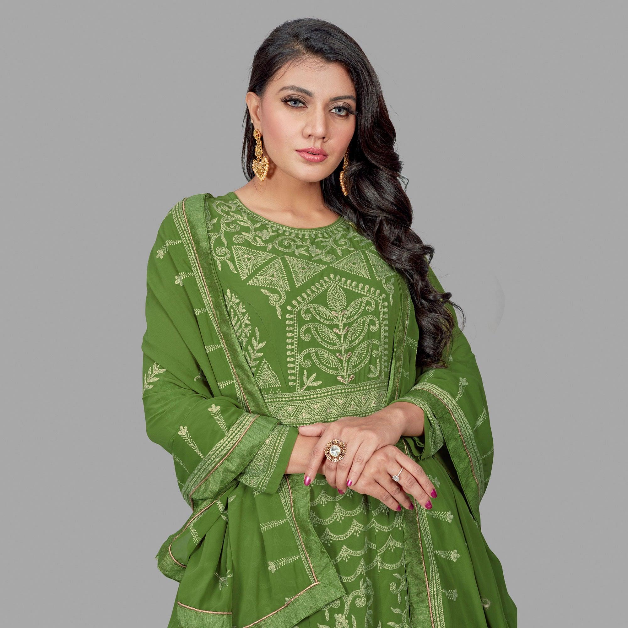 Charming Green Colored Party Wear Embroidered Heavy Faux Georgette Anarkali Suit - Peachmode