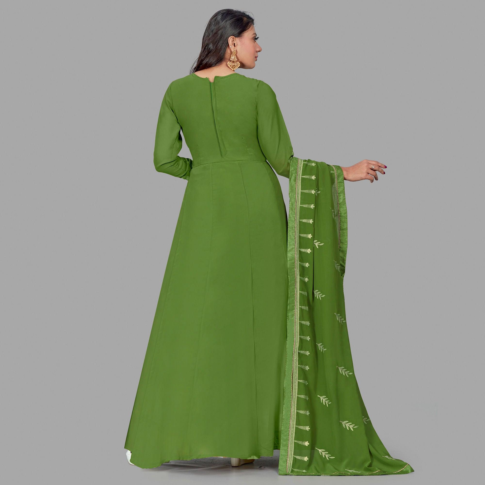 Charming Green Colored Party Wear Embroidered Heavy Faux Georgette Anarkali Suit - Peachmode