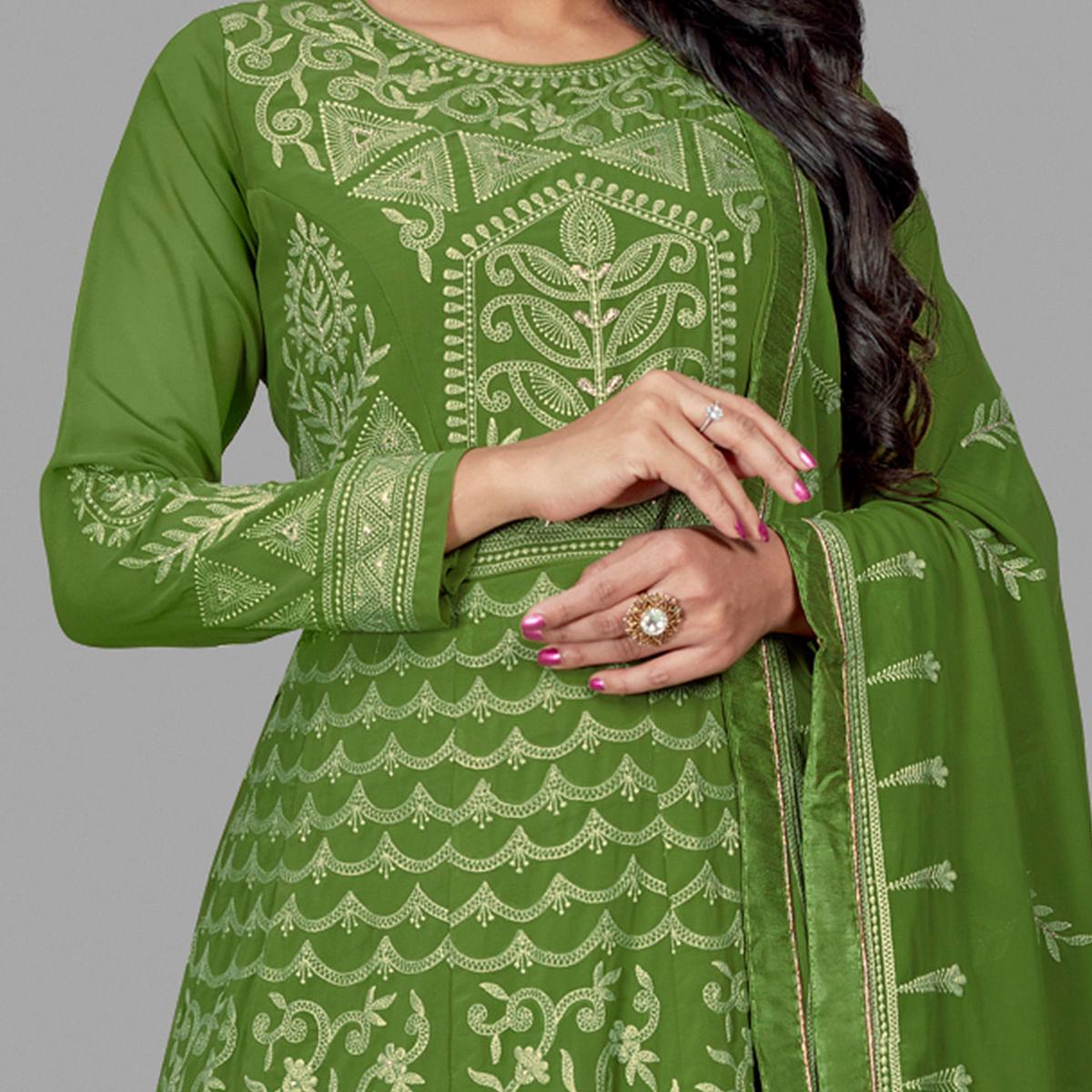 Charming Green Colored Party Wear Embroidered Heavy Faux Georgette Anarkali Suit - Peachmode