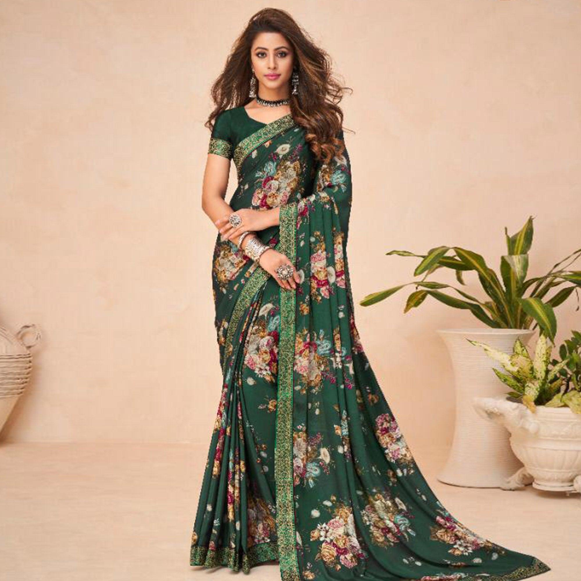 Charming Green Coloured Casual Wear Printed Crepe Saree - Peachmode