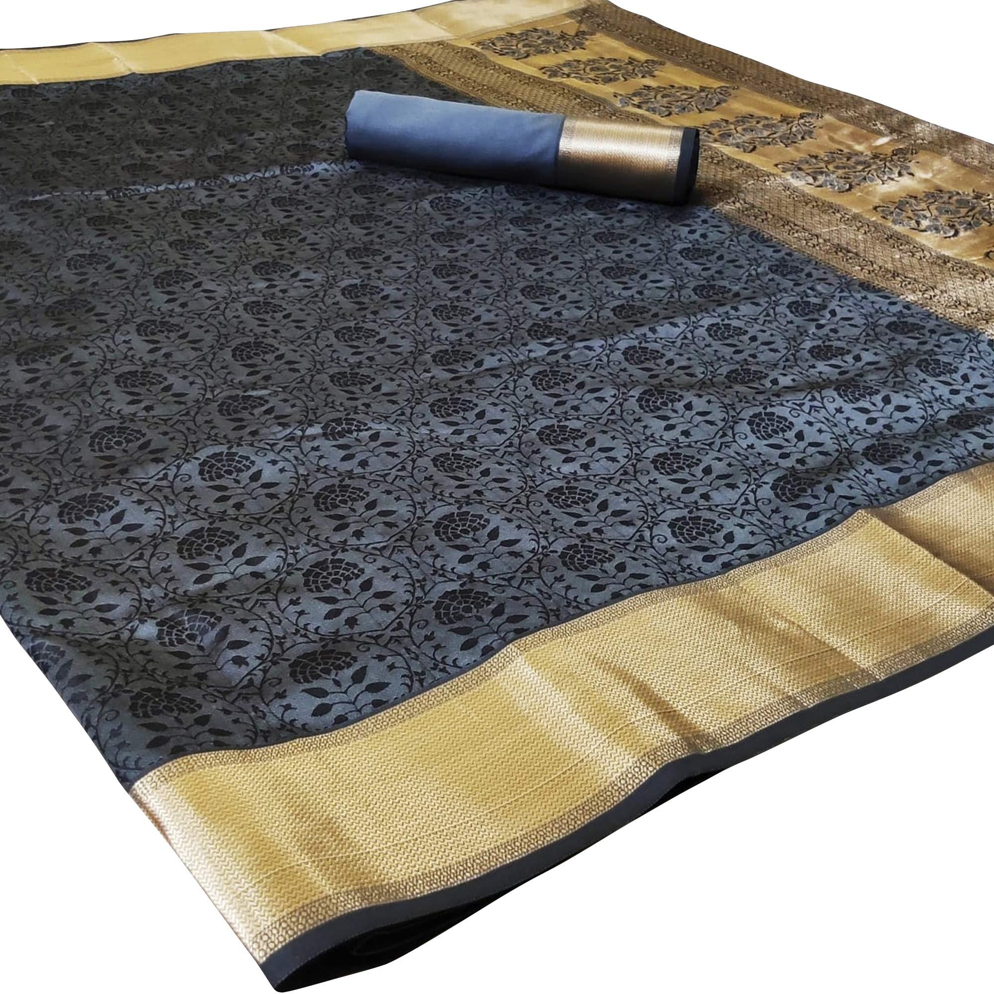 Charming Grey Colored Festive Wear Woven Heavy Silk Saree - Peachmode