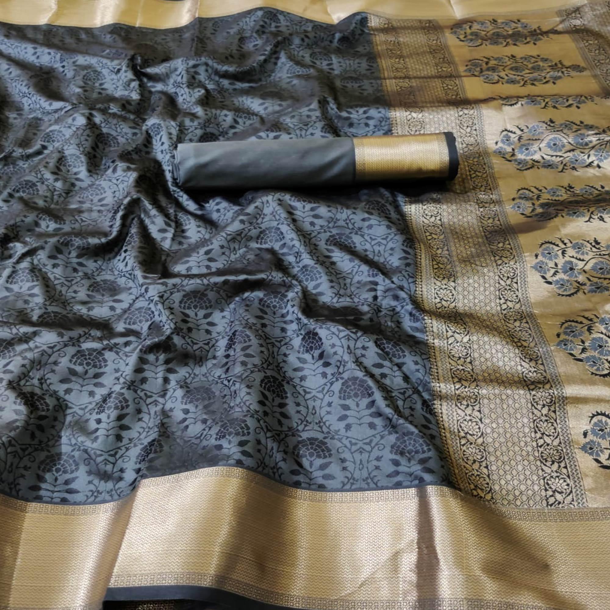 Charming Grey Colored Festive Wear Woven Heavy Silk Saree - Peachmode
