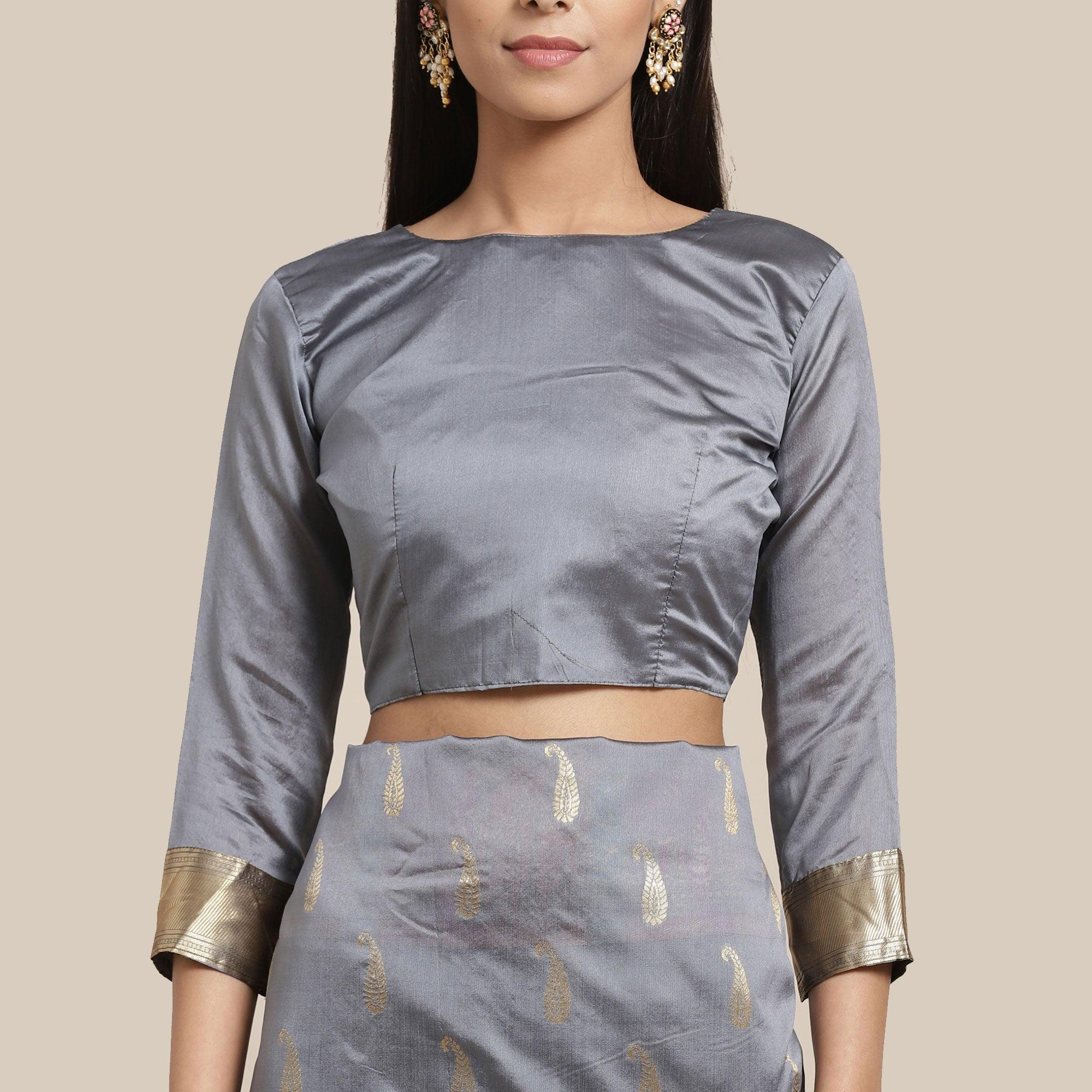 Charming Grey Colored Festive Wear Woven Silk Blend Saree - Peachmode