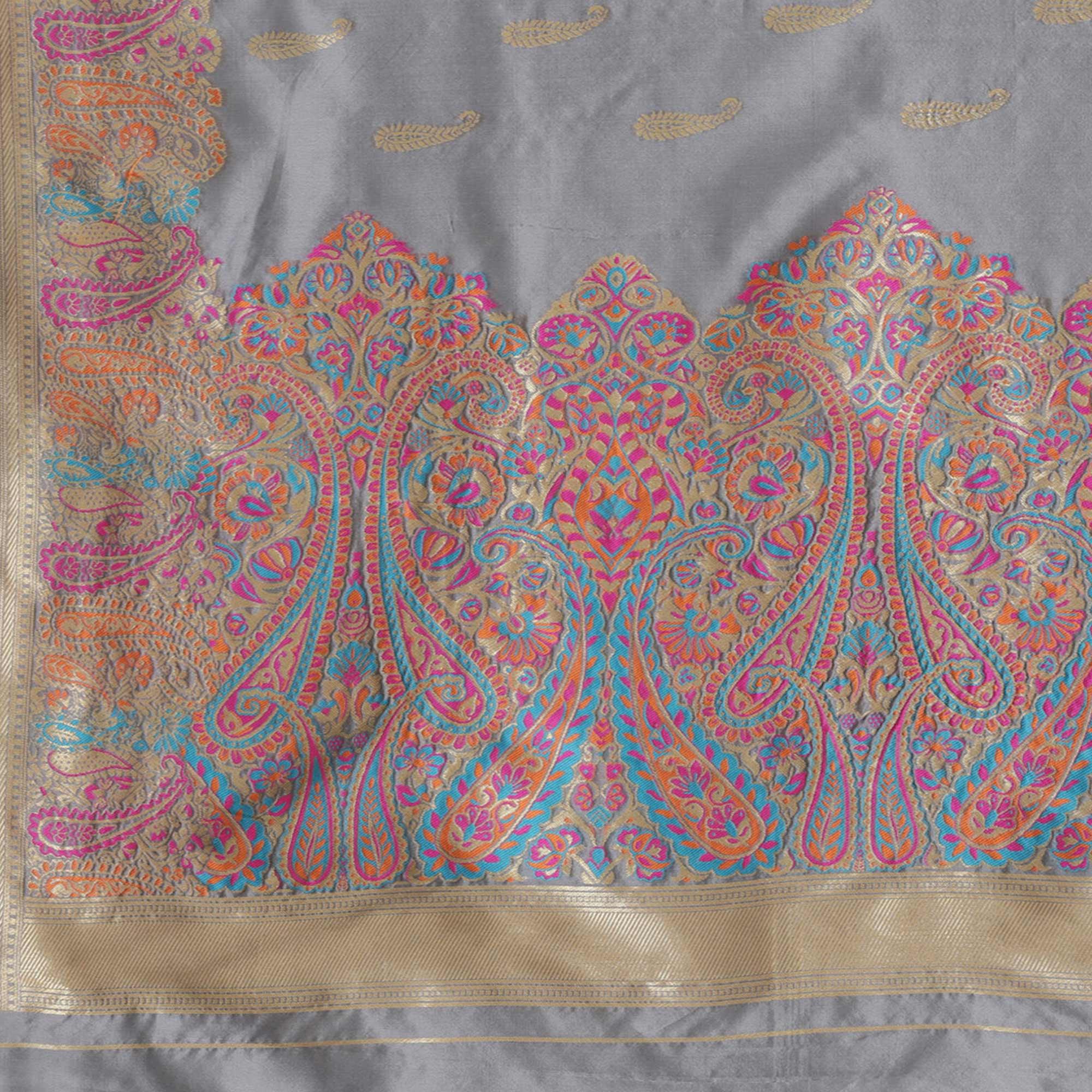 Charming Grey Colored Festive Wear Woven Silk Blend Saree - Peachmode