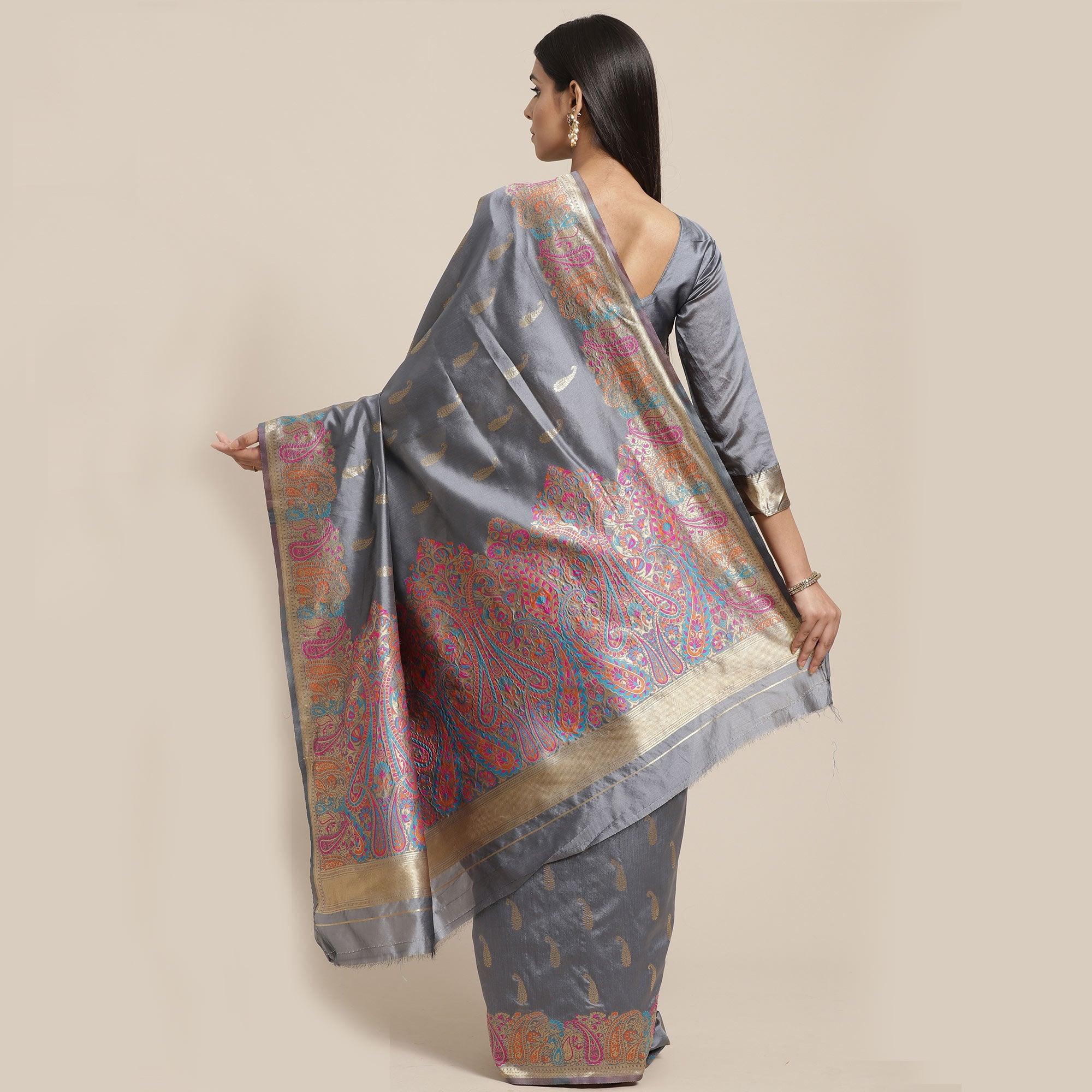 Charming Grey Colored Festive Wear Woven Silk Blend Saree - Peachmode