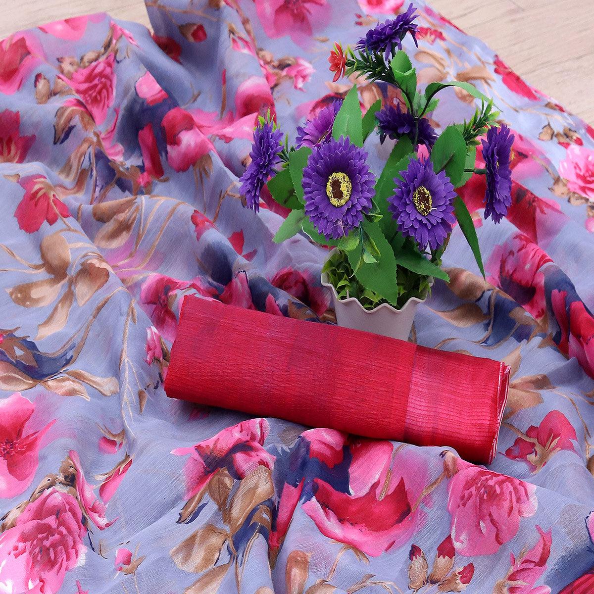 Charming Lavendar Colored Casual Wear Floral Printed Cotton Blend Saree - Peachmode
