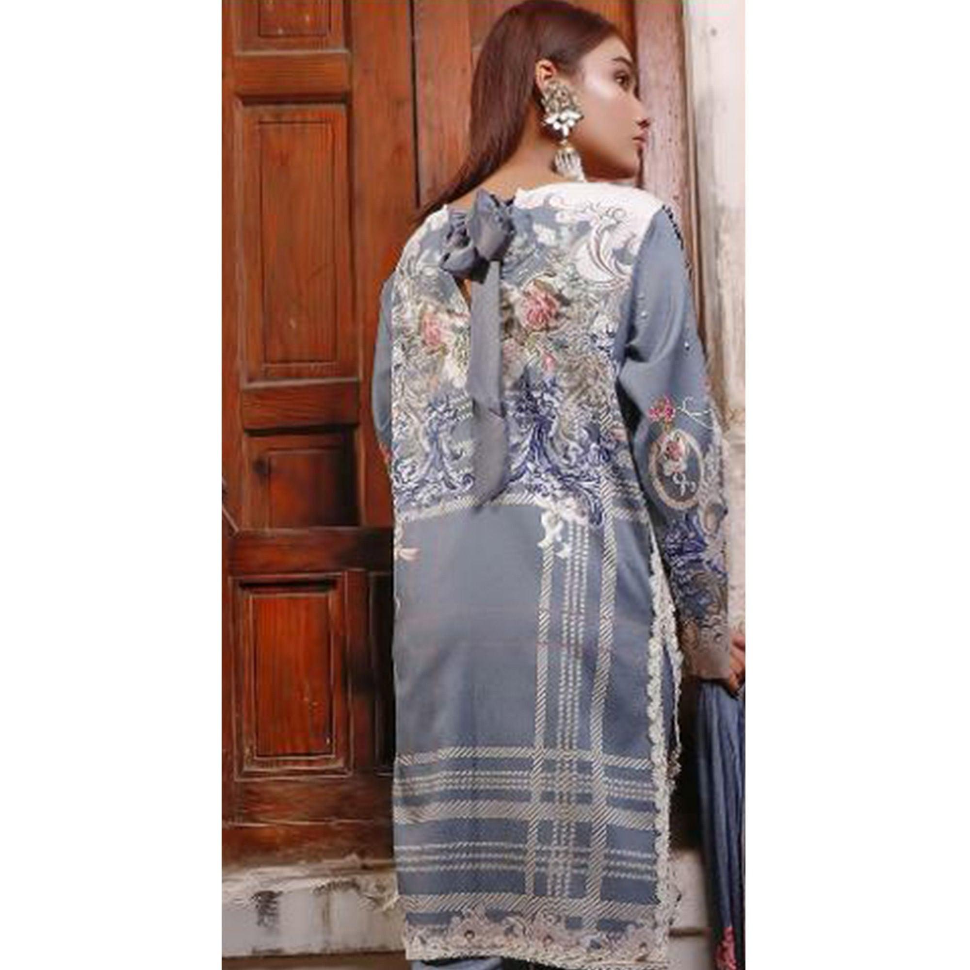 Charming Light Blue Colored Partywear Floral Printed Cotton Suit - Peachmode