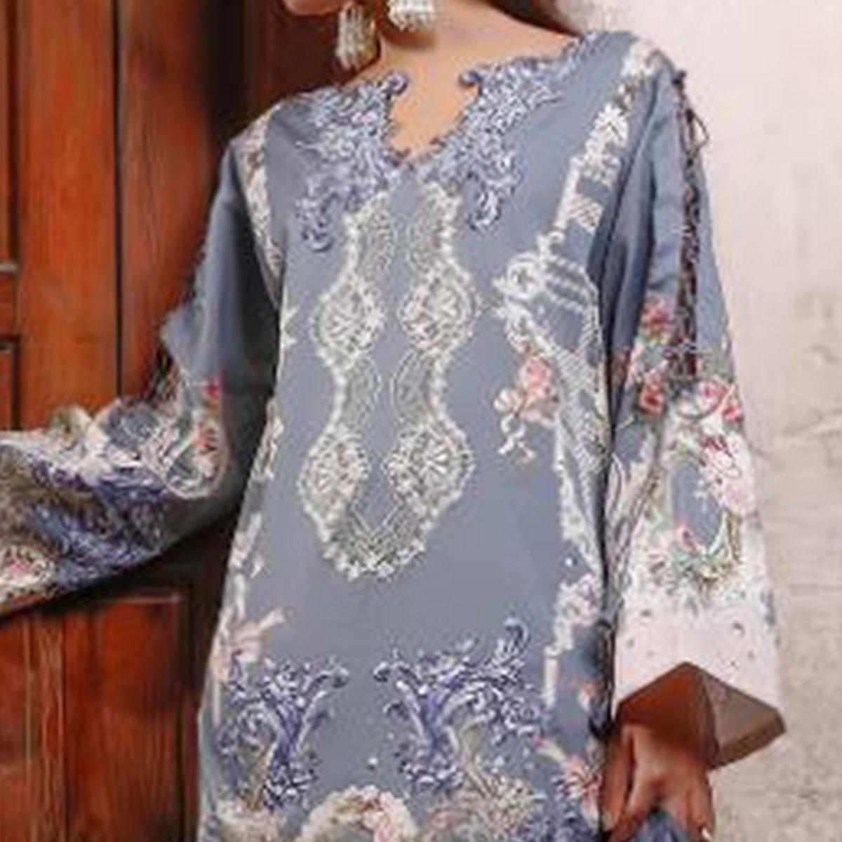 Charming Light Blue Colored Partywear Floral Printed Cotton Suit - Peachmode