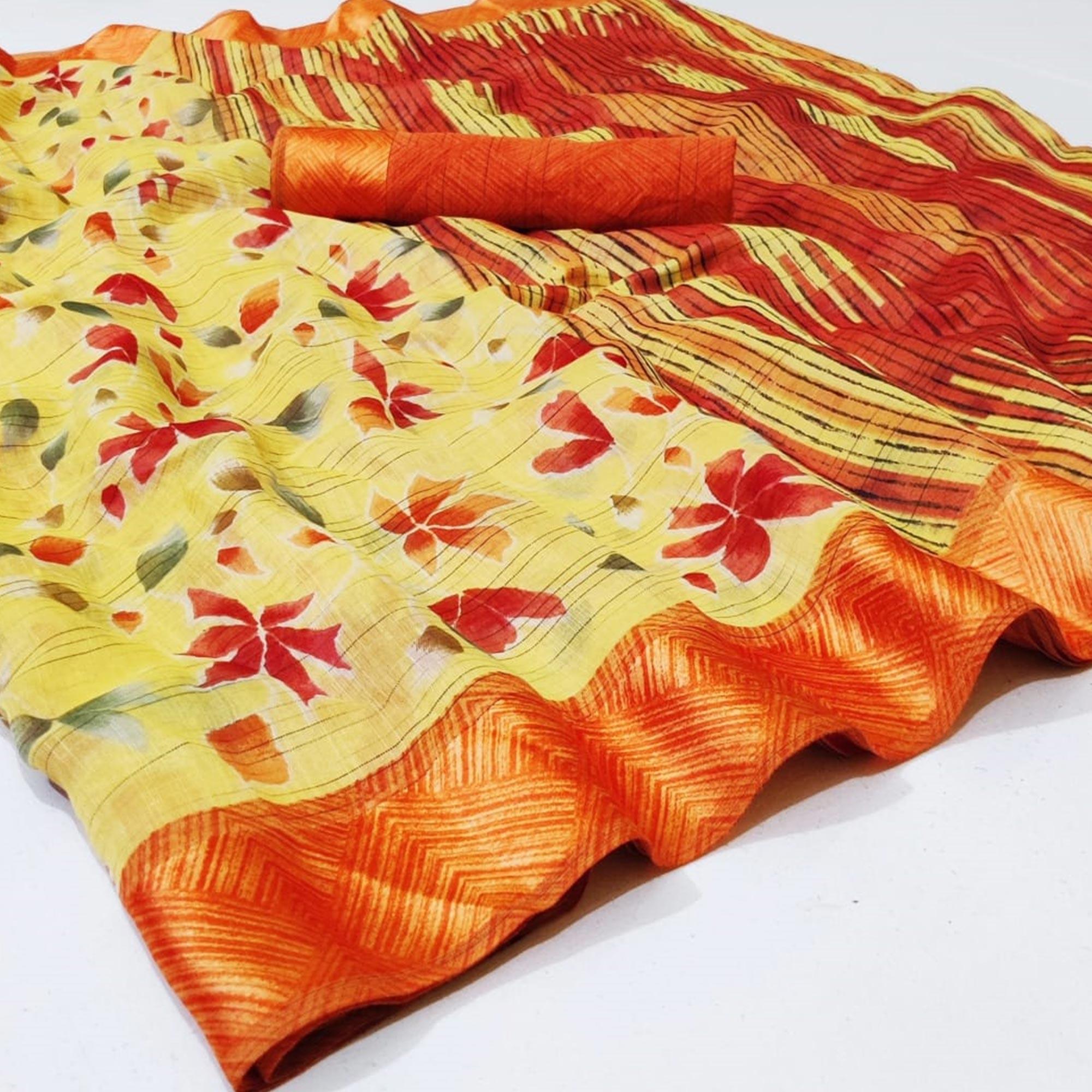 Charming Light Yellow Colored Casual Wear Floral Printed Linen Saree - Peachmode