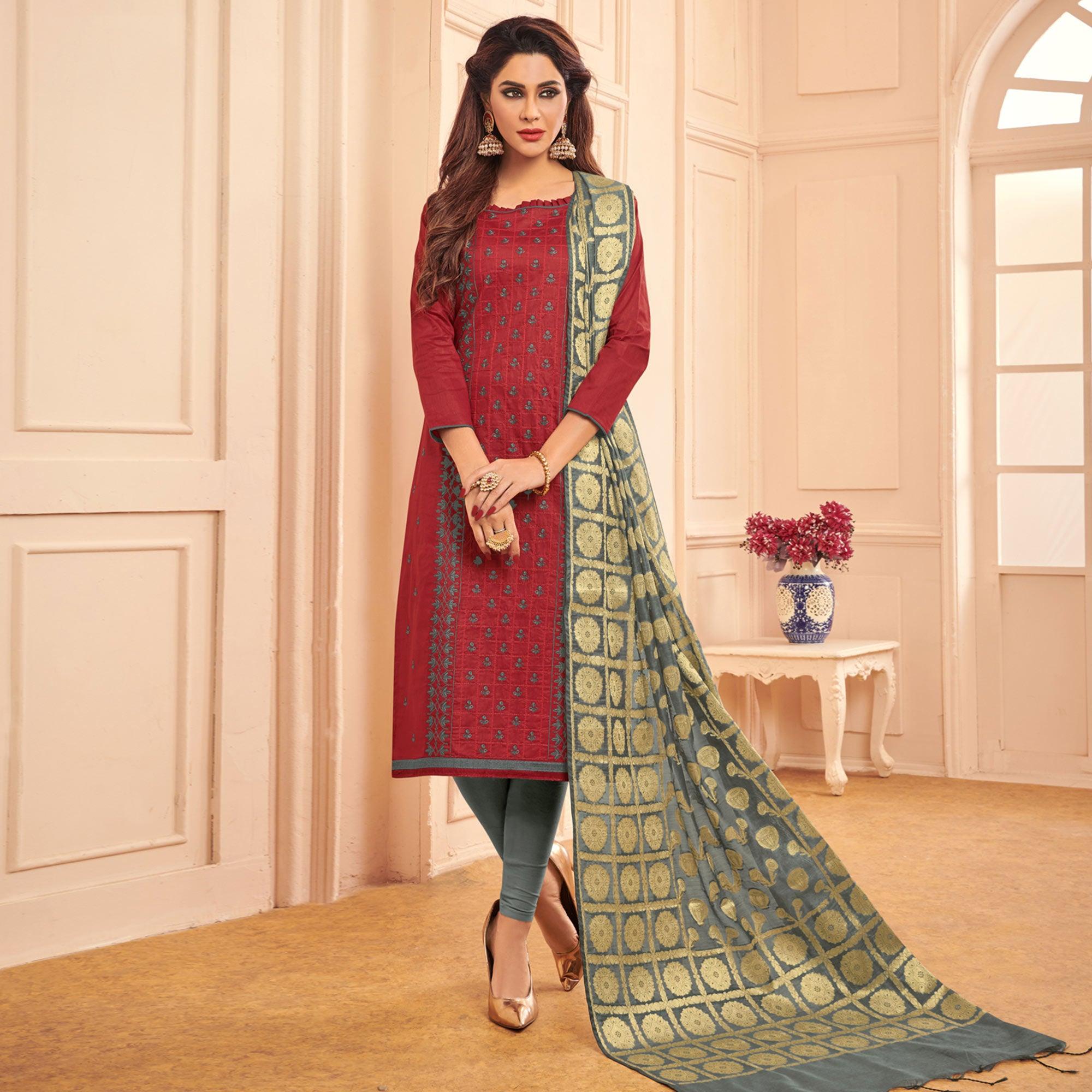 Charming Maroon Colored Casual Wear Embroidered Cotton Dress Material With Banarasi Silk Dupatta - Peachmode