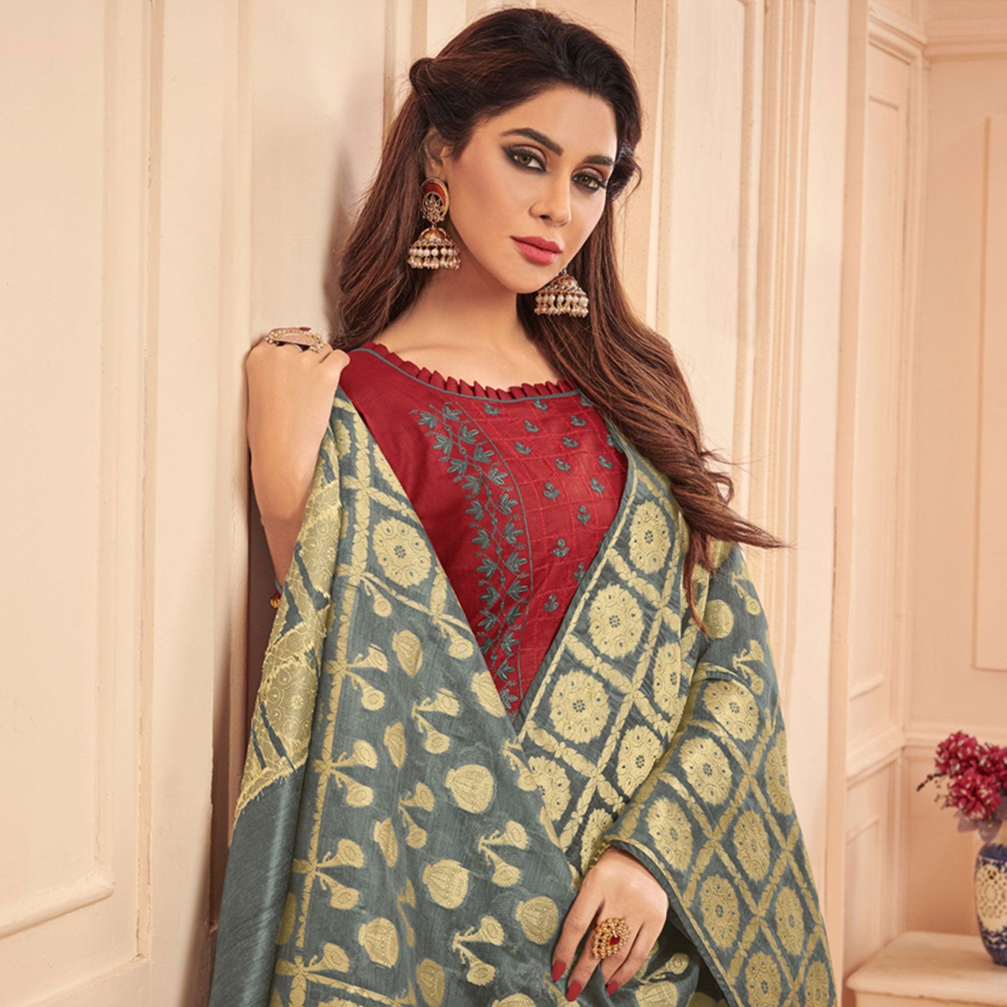 Charming Maroon Colored Casual Wear Embroidered Cotton Dress Material With Banarasi Silk Dupatta - Peachmode