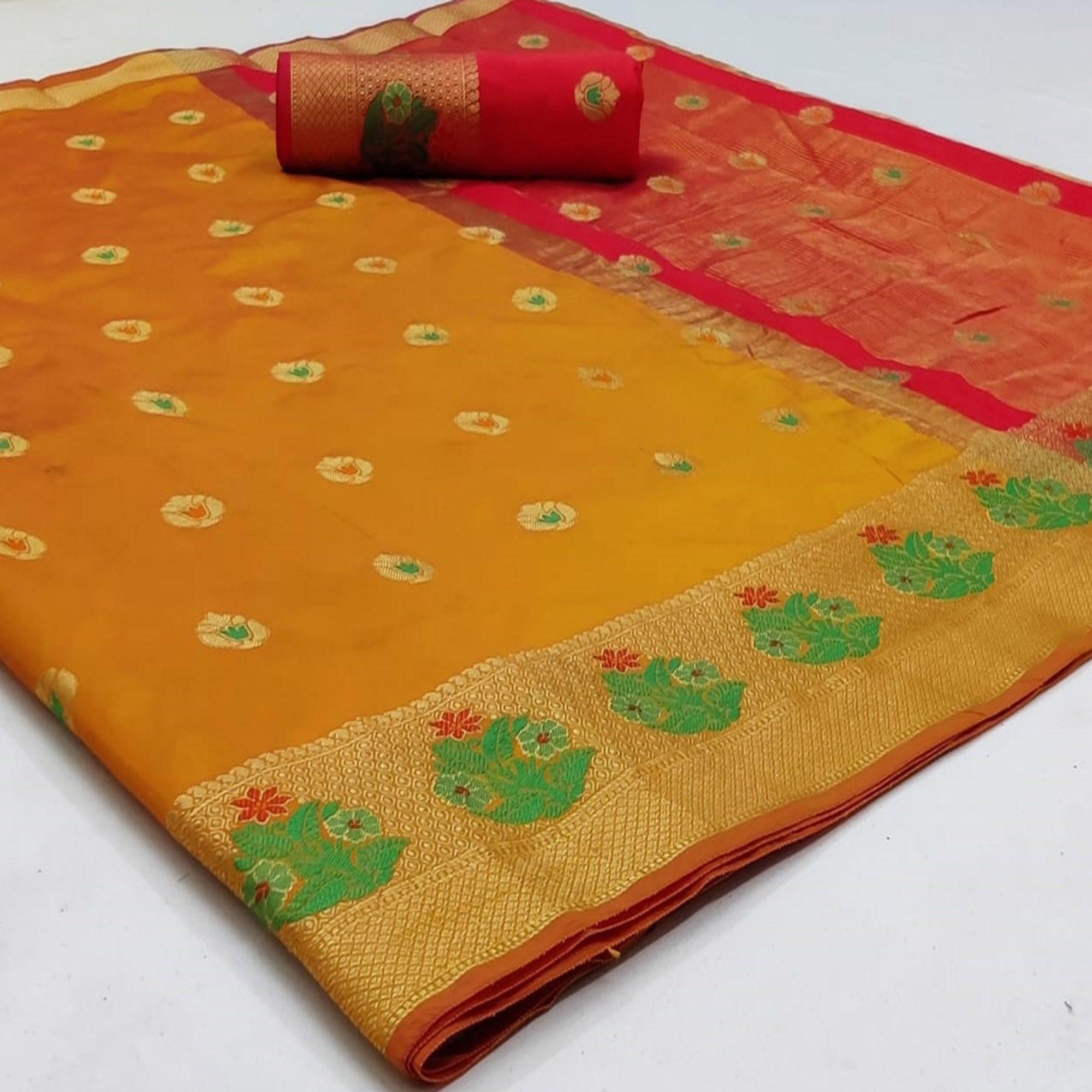 Charming Mustard-Yellow Colored Festive Wear Woven Soft Silk Saree - Peachmode