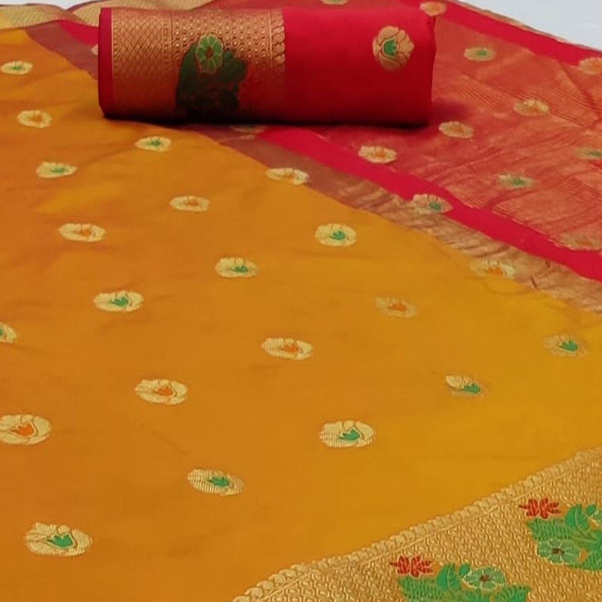 Charming Mustard-Yellow Colored Festive Wear Woven Soft Silk Saree - Peachmode