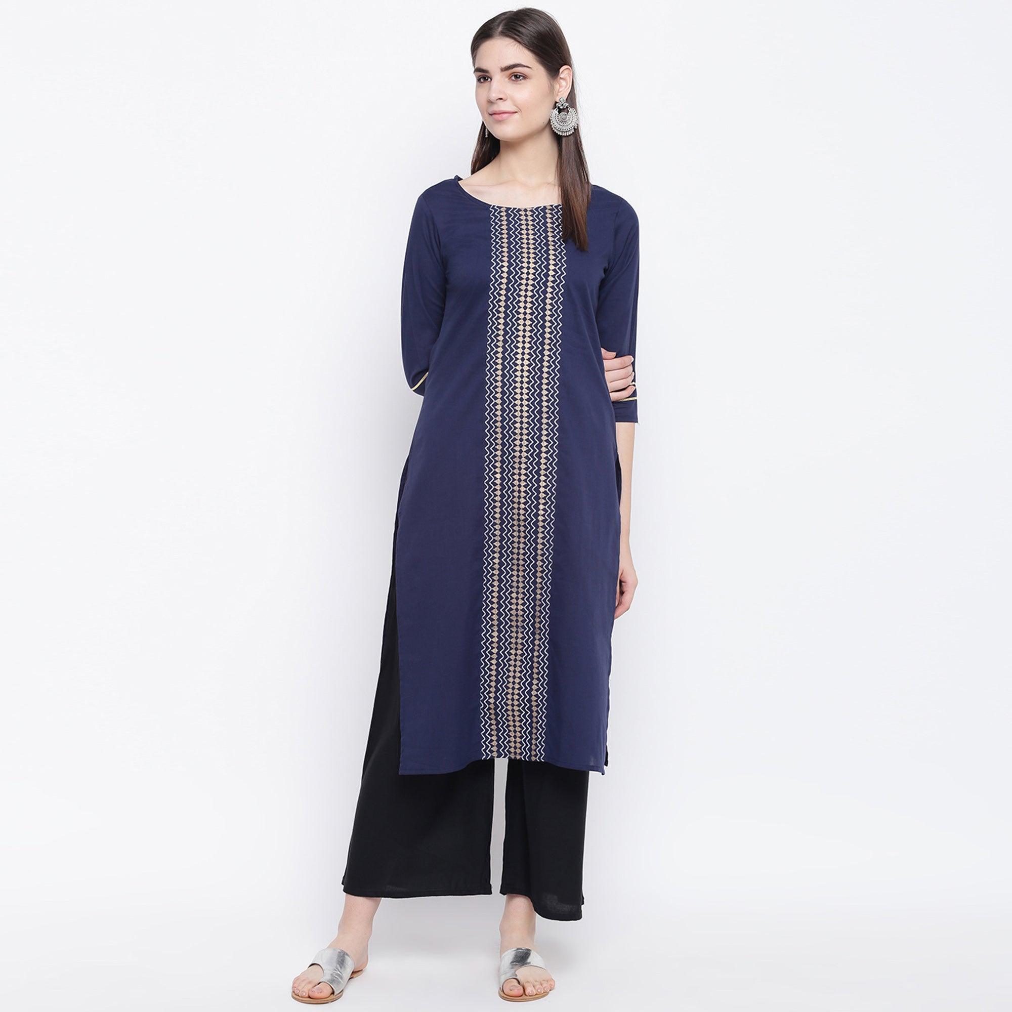 Charming Navy Blue Colored Casual Wear Printed Cotton Kurti - Peachmode