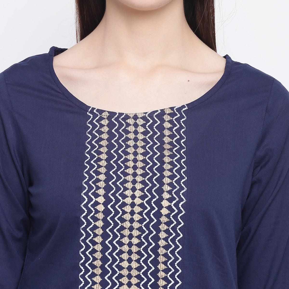 Charming Navy Blue Colored Casual Wear Printed Cotton Kurti - Peachmode