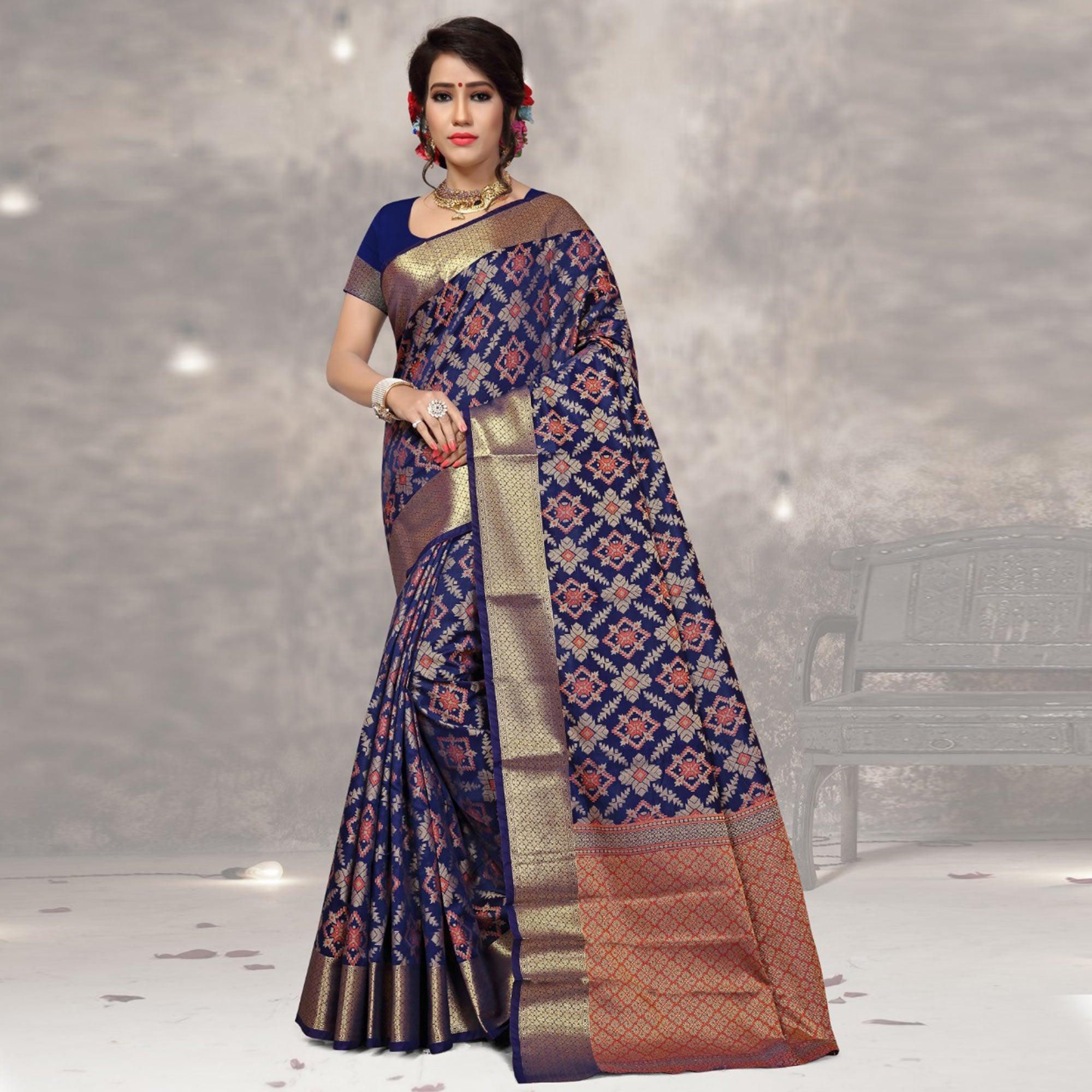 Charming Navy Blue Colored Festive Wear Woven Banarasi Silk Saree - Peachmode