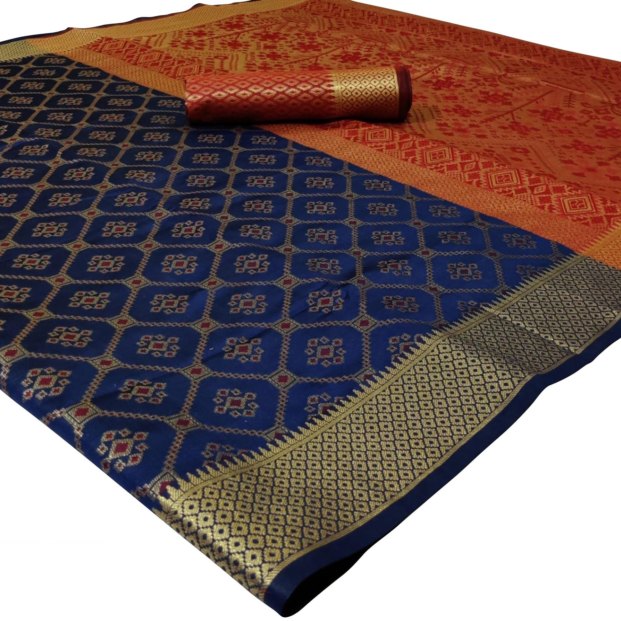 Charming Navy Blue Colored Festive Wear Woven Silk Saree - Peachmode