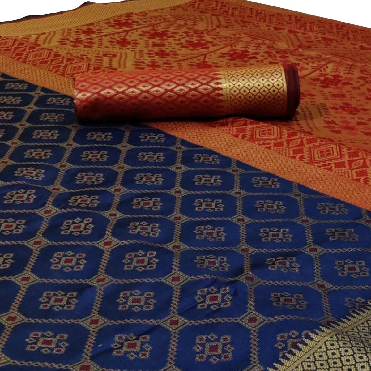 Charming Navy Blue Colored Festive Wear Woven Silk Saree - Peachmode