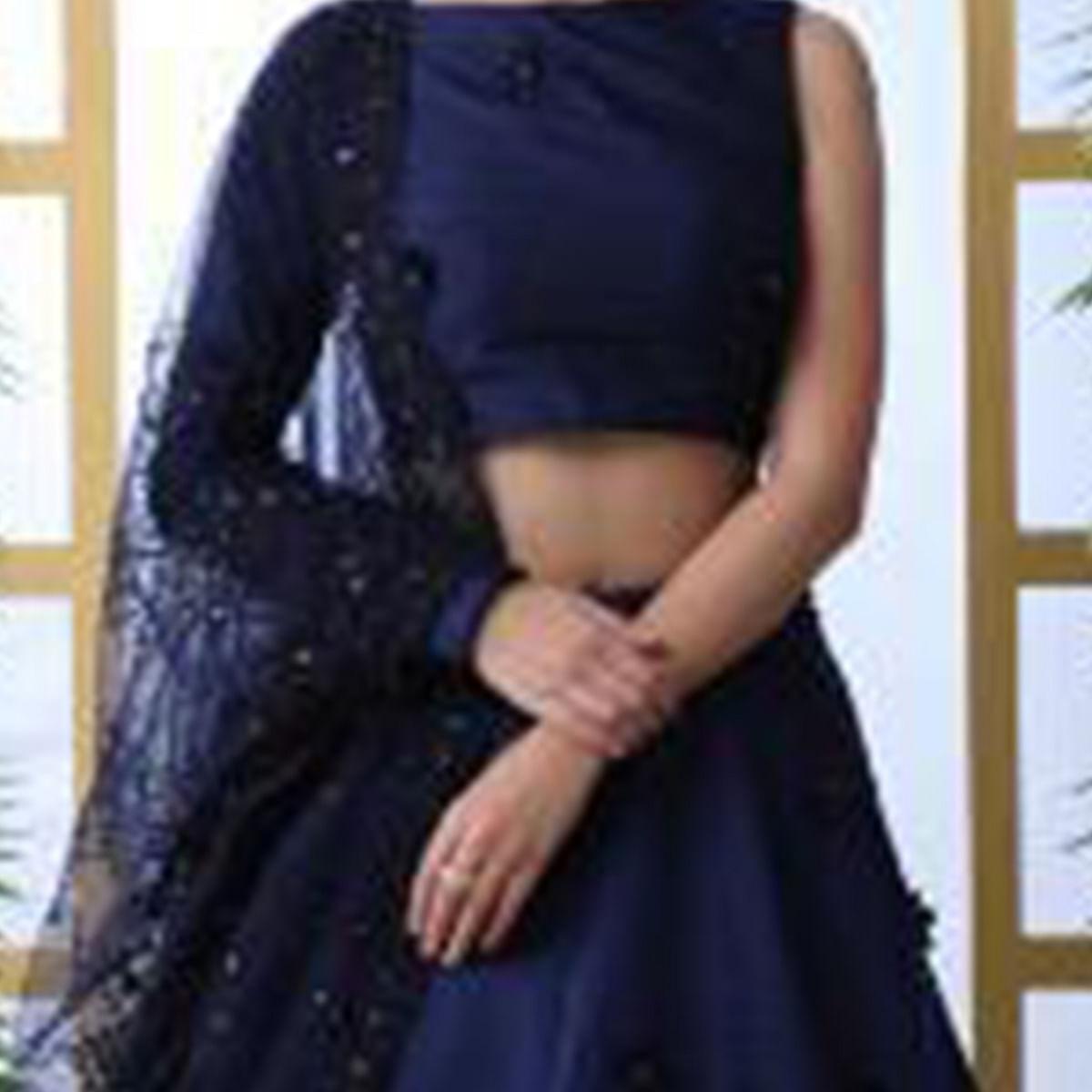 Charming Navy Blue Colored Party Wear Pearl Work Taffeta Silk Lehenga Choli - Peachmode