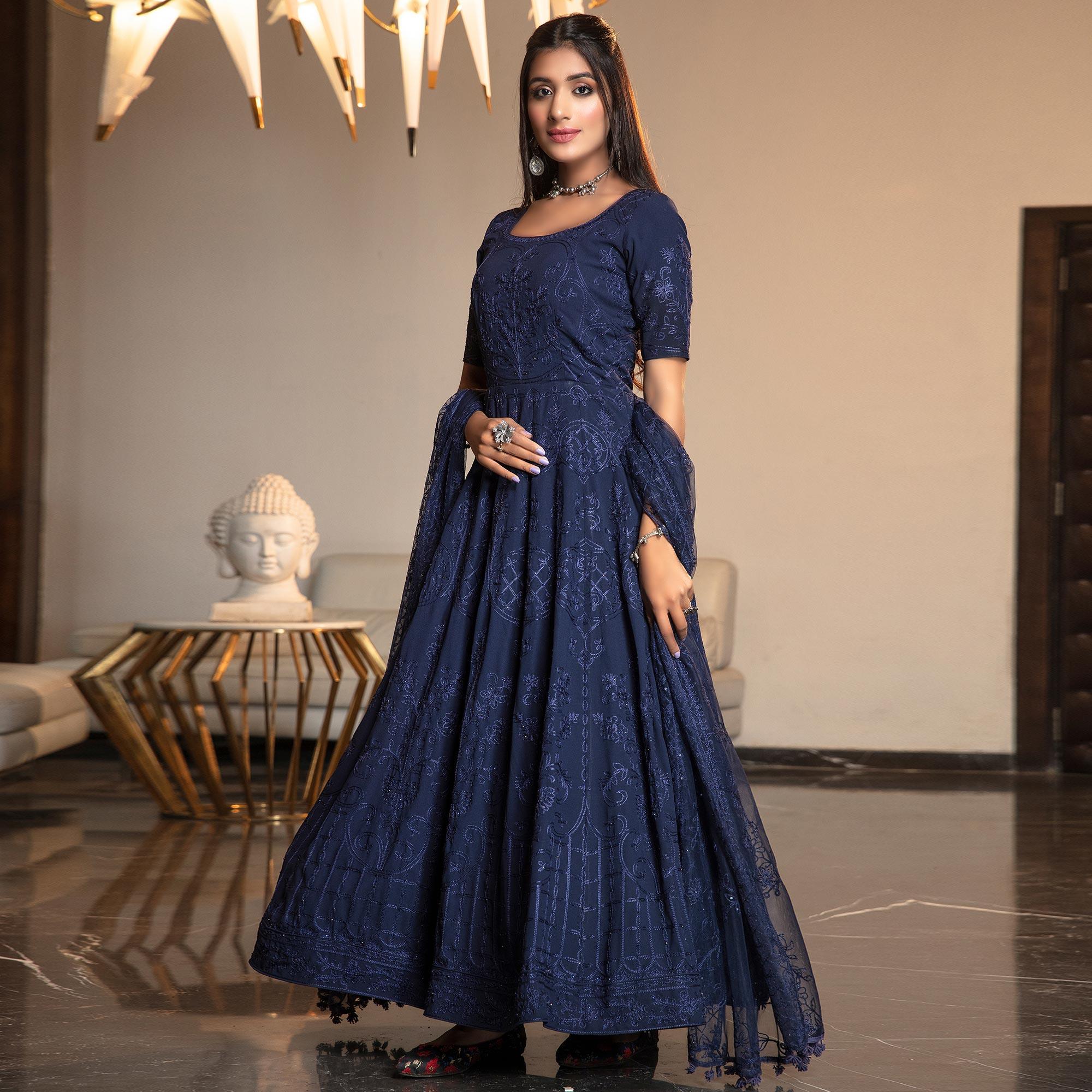 Charming Navy Blue Colored Partywear Embroidered Georgette Anarkali Suit - Peachmode