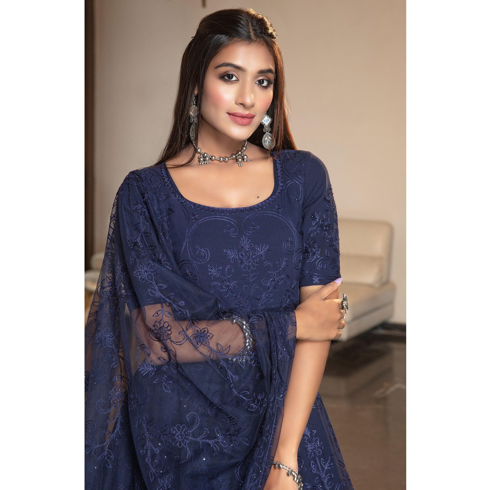 Charming Navy Blue Colored Partywear Embroidered Georgette Anarkali Suit - Peachmode