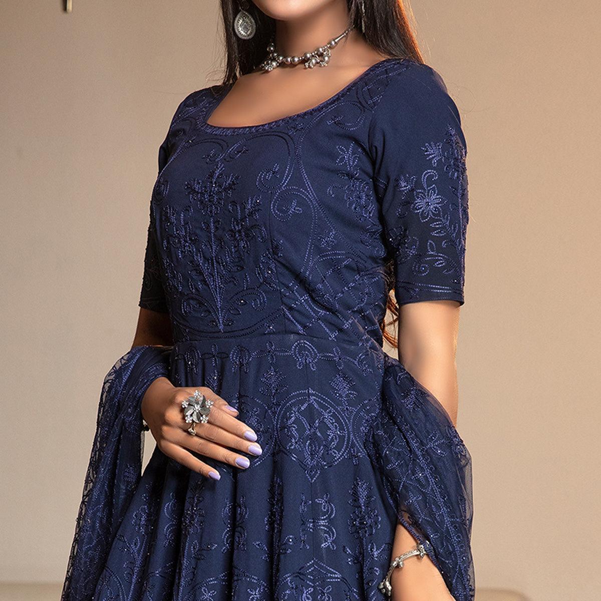 Charming Navy Blue Colored Partywear Embroidered Georgette Anarkali Suit - Peachmode