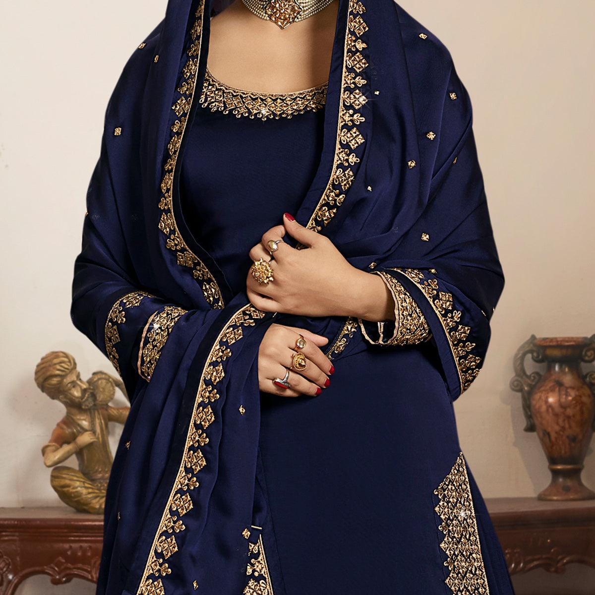 Charming Navy Blue Coloured Partywear Embroidered Rangoli Georgette Sharara Style Salwar Suit - Peachmode