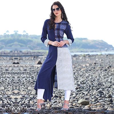 Charming Navy Blue Designer Printed Rayon Kurti - Peachmode