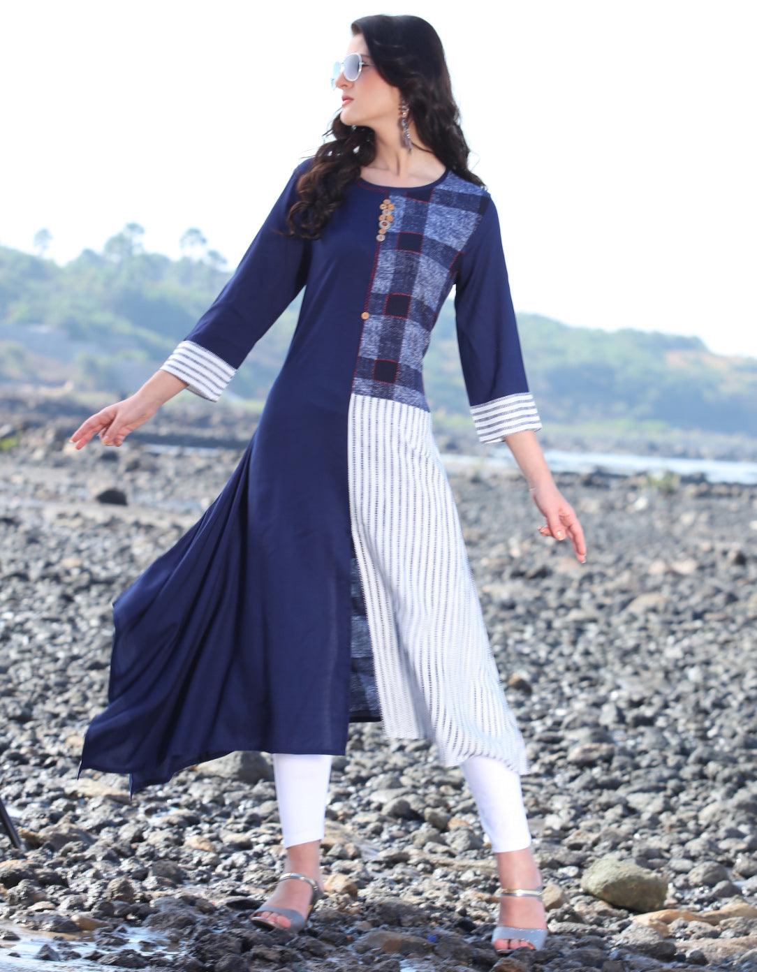 Charming Navy Blue Designer Printed Rayon Kurti - Peachmode