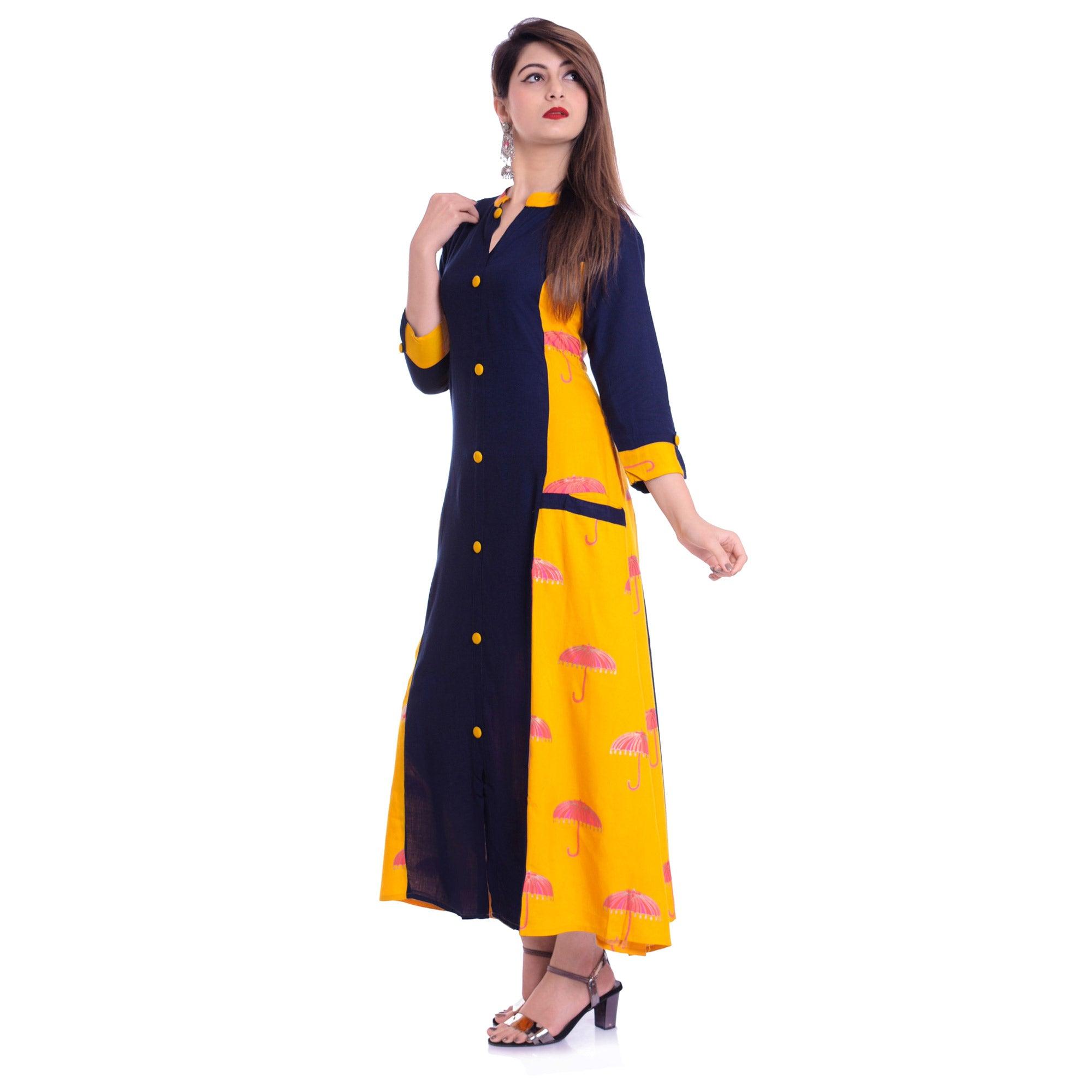 Charming Navy Blue-Yellow Colored Casual Wear Printed Rayon Kurti - Peachmode