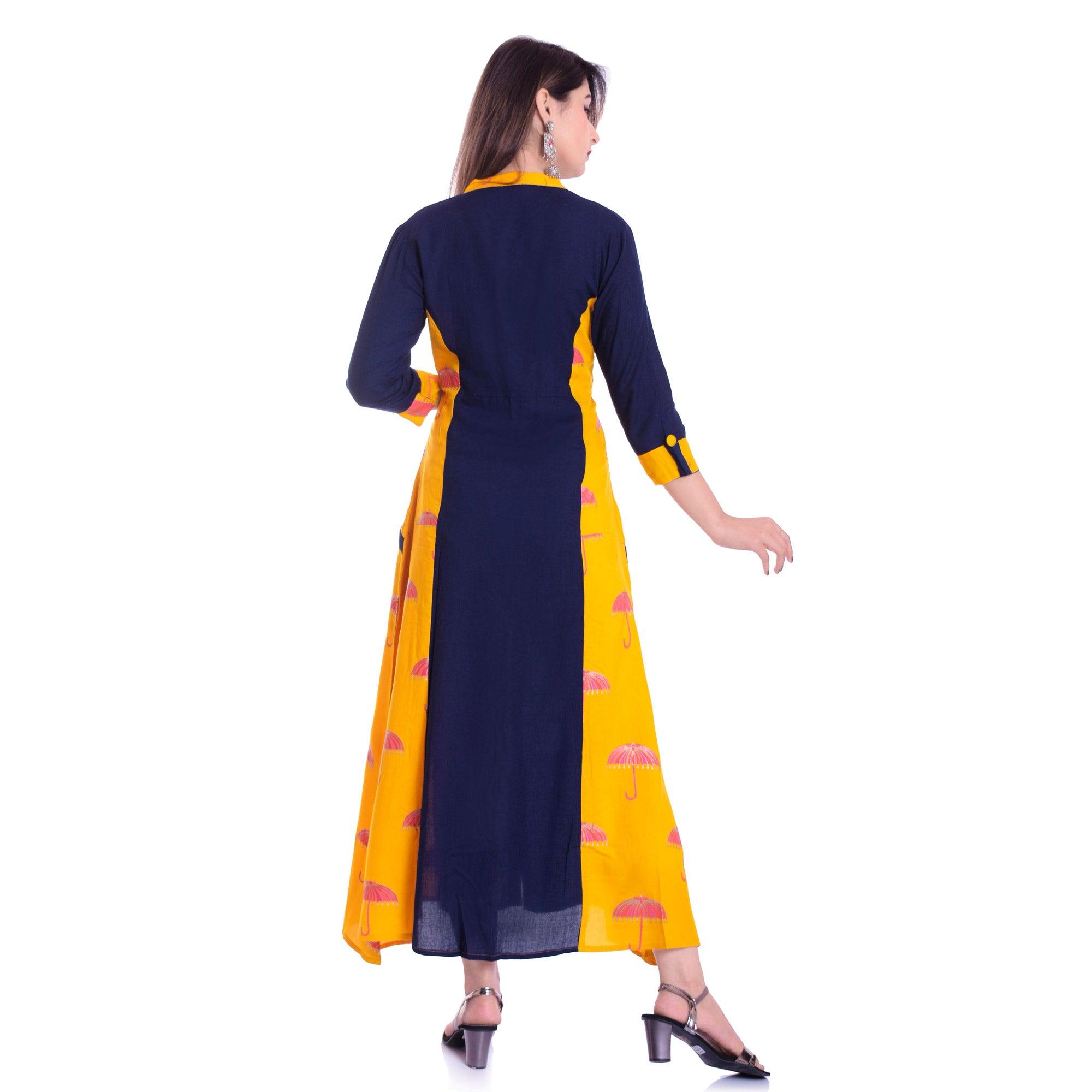 Charming Navy Blue-Yellow Colored Casual Wear Printed Rayon Kurti - Peachmode