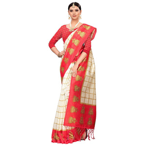 Charming Off White-Red Colored Festive Wear Printed Mysore Silk Saree - Peachmode