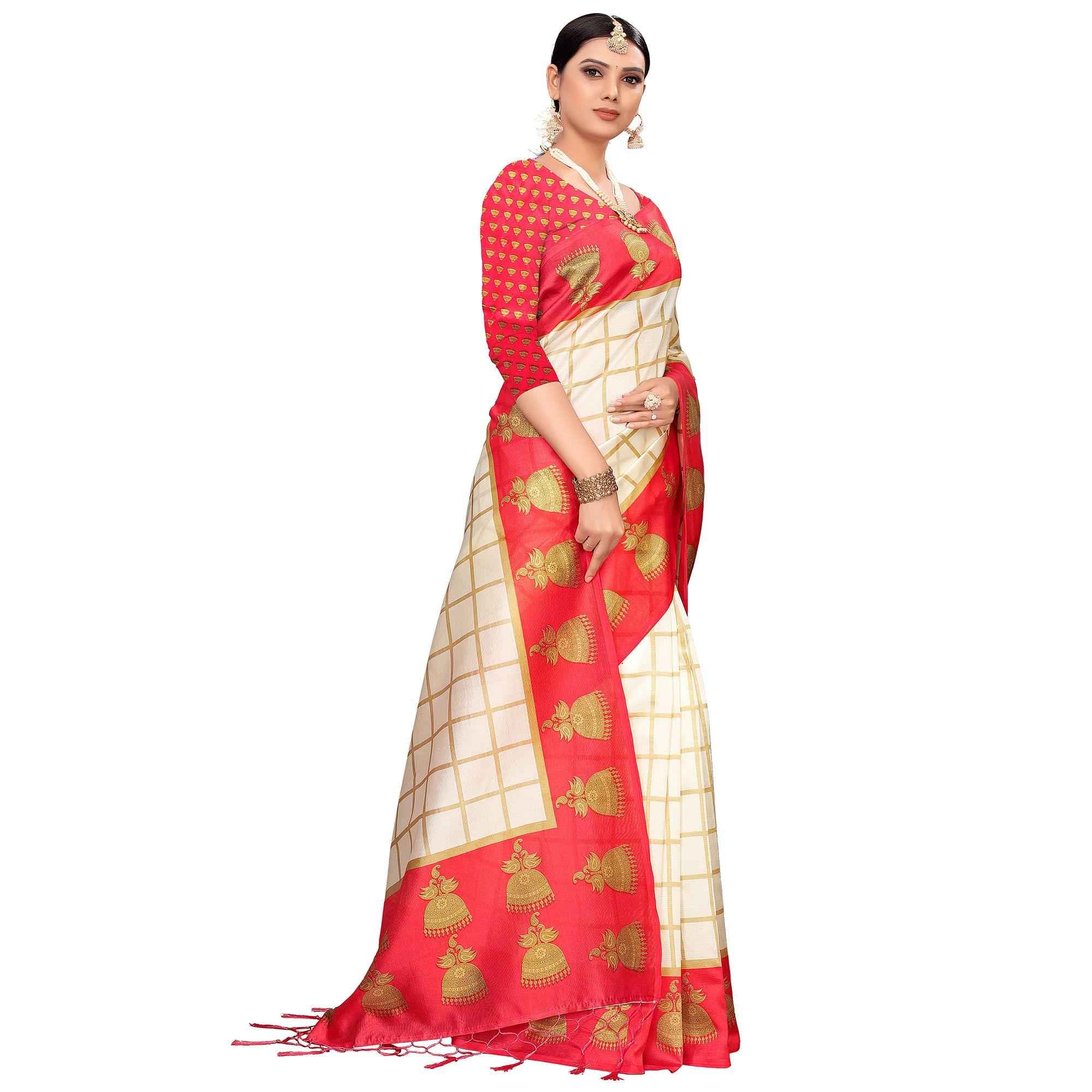 Charming Off White-Red Colored Festive Wear Printed Mysore Silk Saree - Peachmode