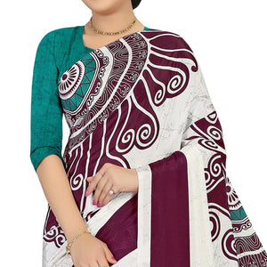 Charming Offwhite - Wine Colored Casual Wear Printed Satin Saree - Peachmode