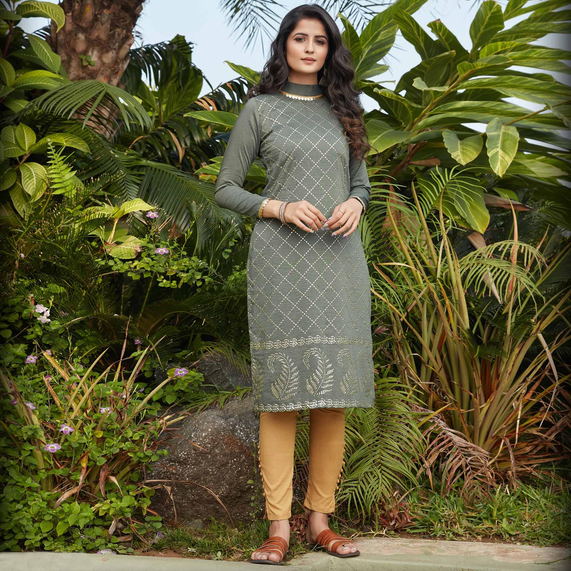 Charming Olive Green Casual Wear Glistering Embellishment Silky Cotton Kurti - Peachmode