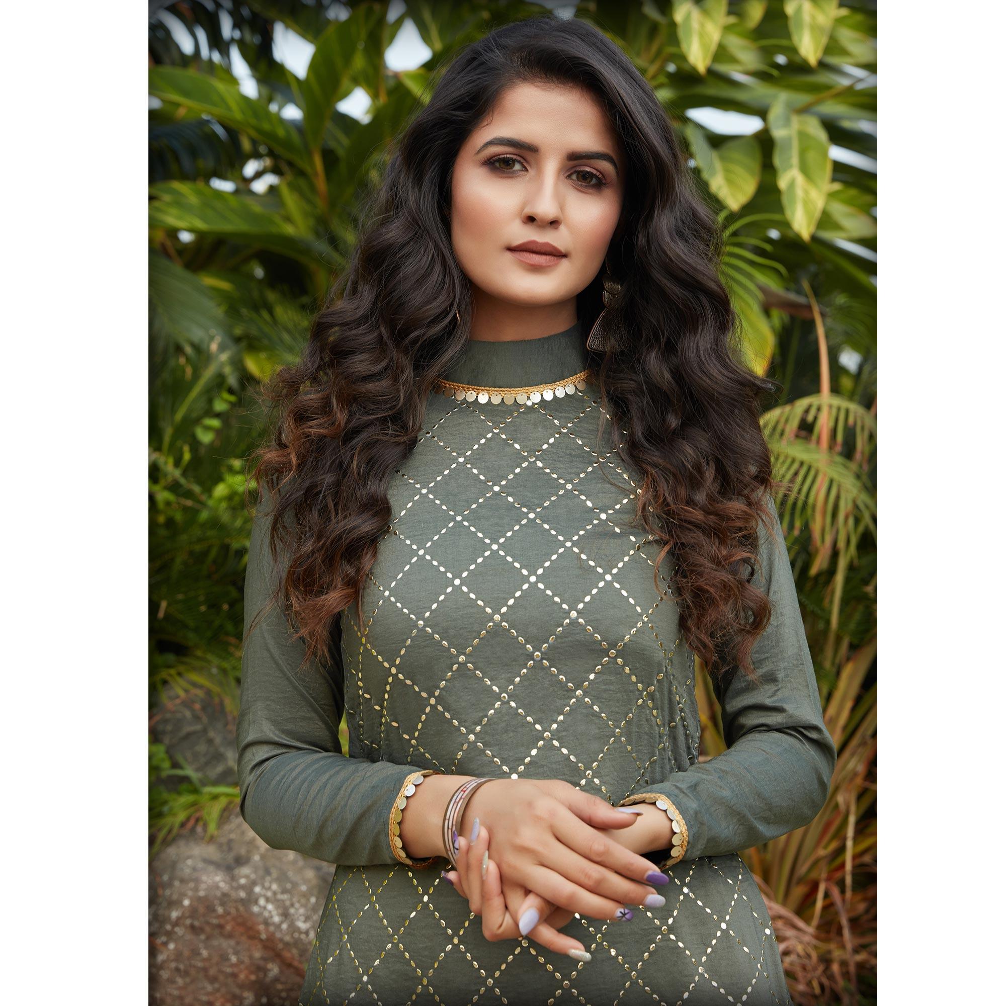 Charming Olive Green Casual Wear Glistering Embellishment Silky Cotton Kurti - Peachmode