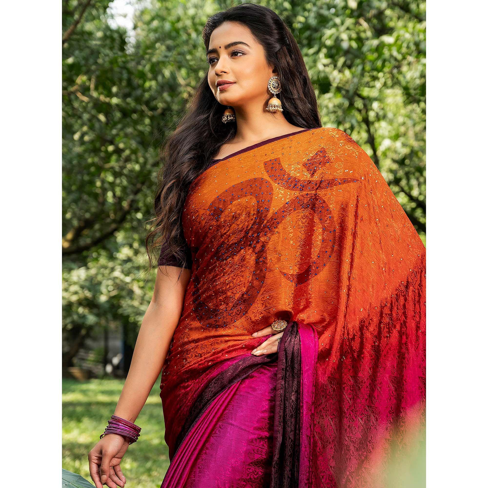 Charming Orange - Pink Colored Partywear Printed Silk Crape Saree - Peachmode