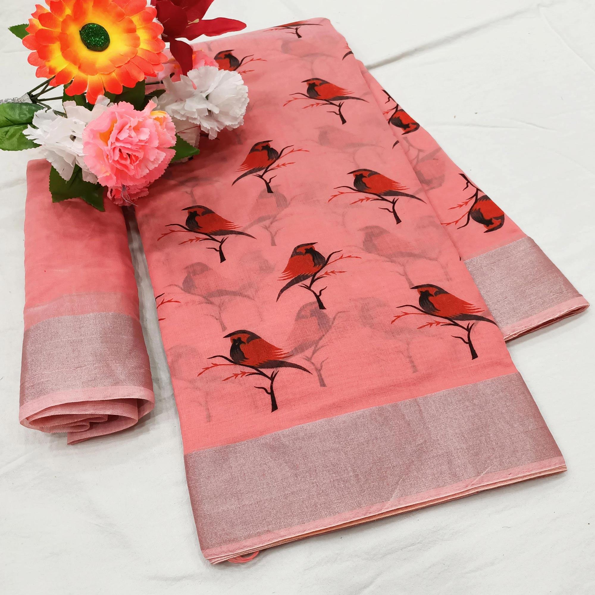 Charming Peach Colored Casual Wear Sparrow Block Printed Cotton Linen Saree - Peachmode