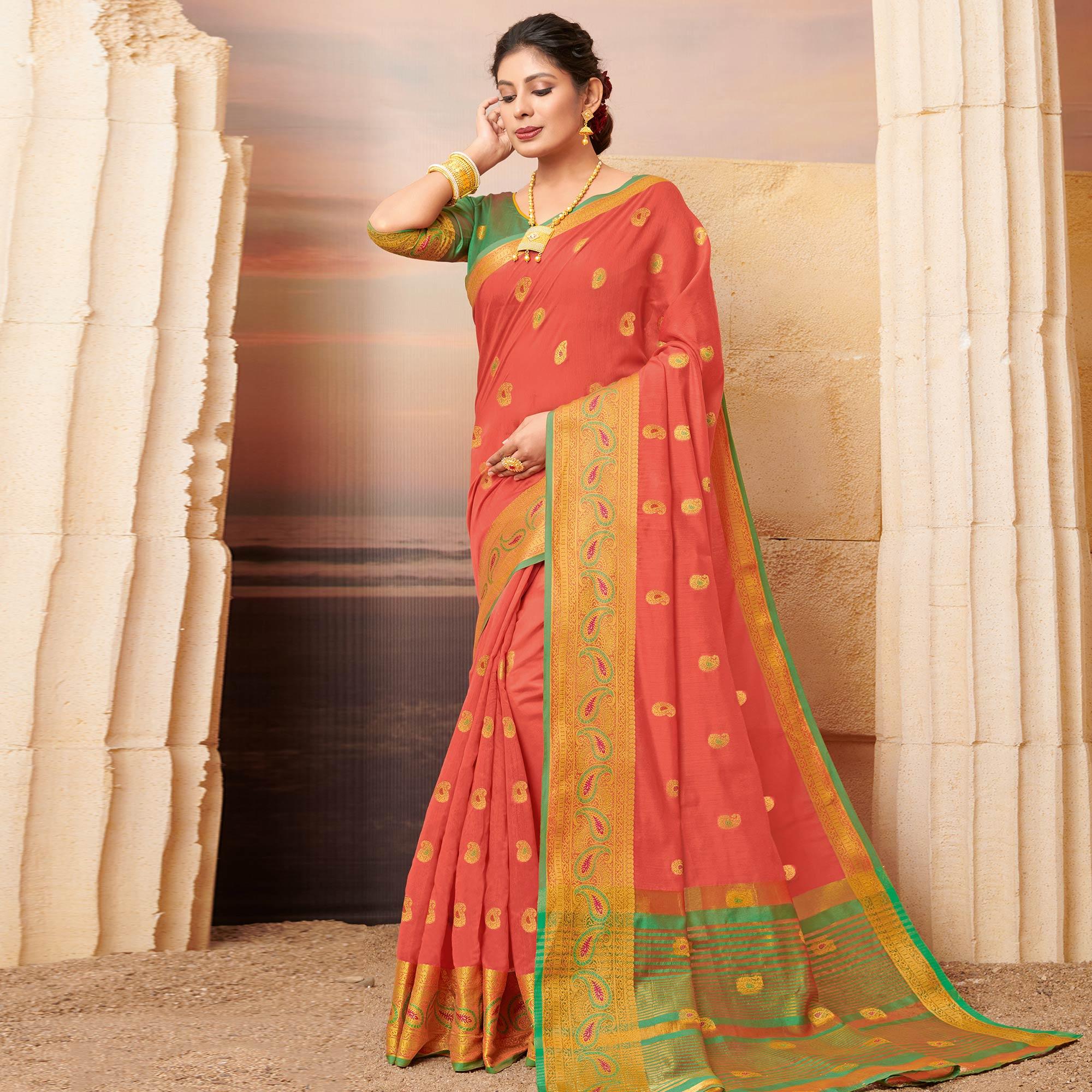 Charming Peach Colored Festive Wear Woven Cotton Saree - Peachmode