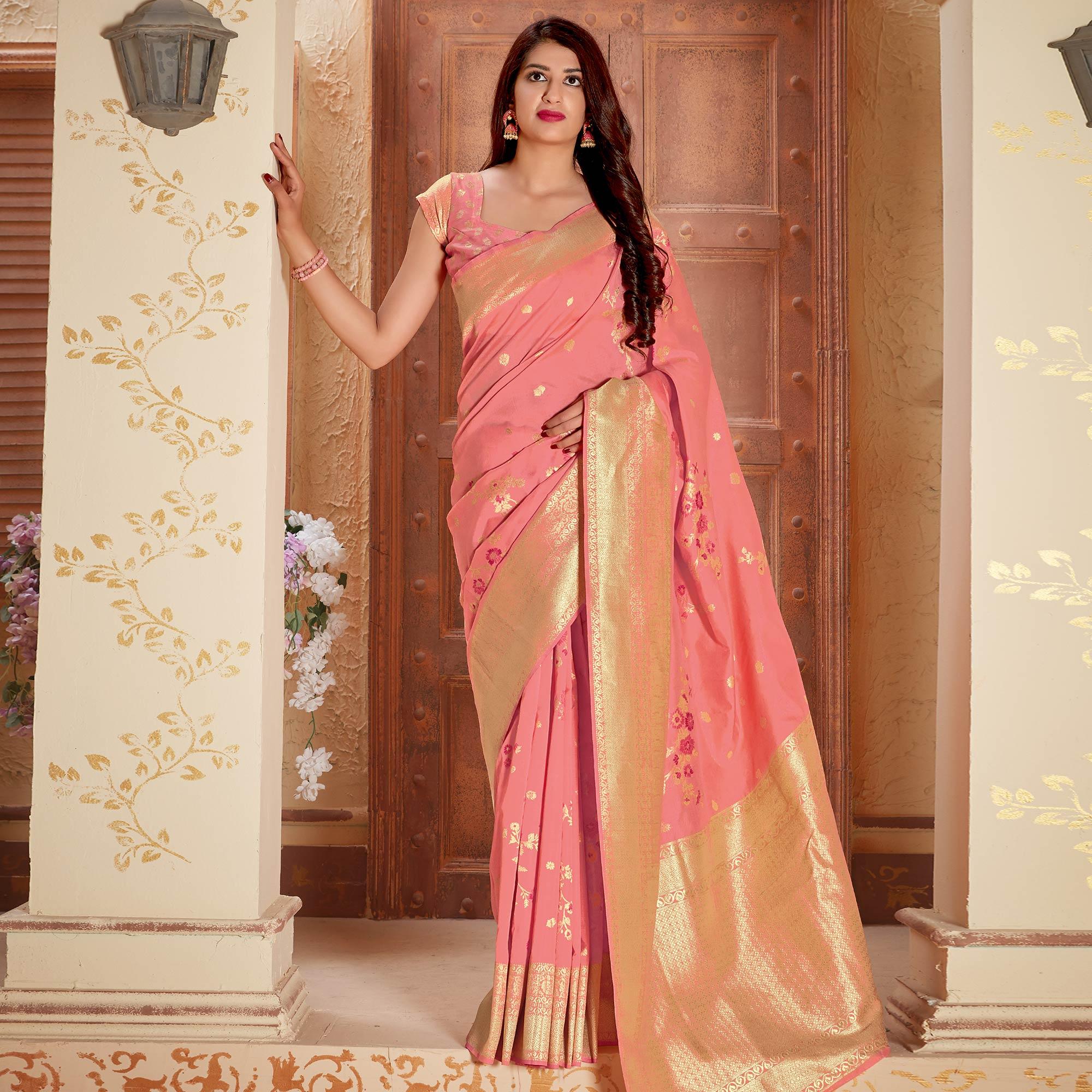 Charming Peach Colored Festive Wear Woven Silk Saree - Peachmode