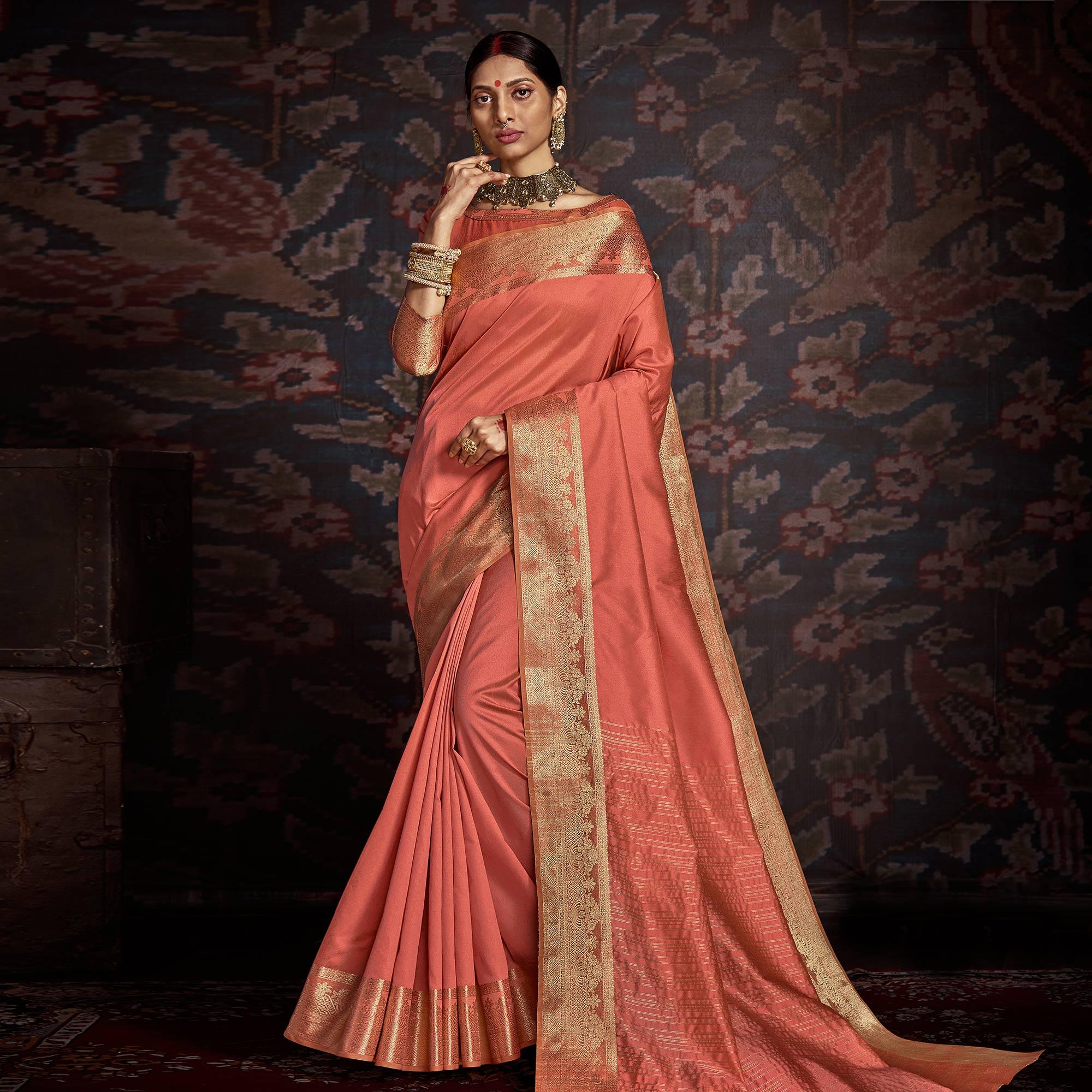 Charming Peach Colored Festive Wear Woven Silk Saree - Peachmode