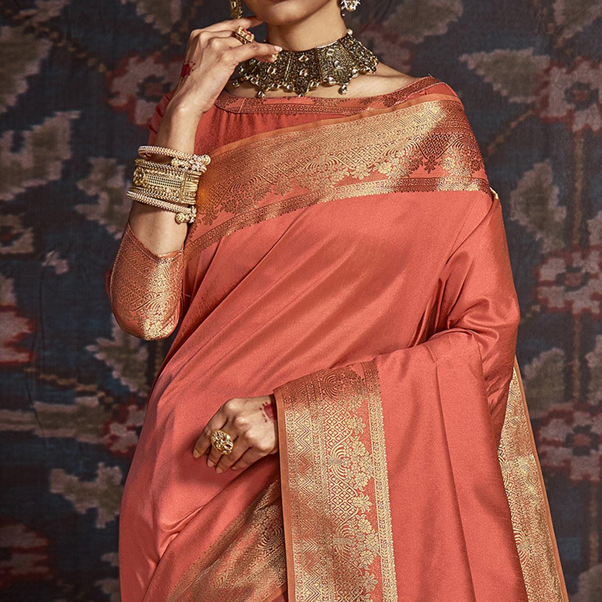 Charming Peach Colored Festive Wear Woven Silk Saree - Peachmode