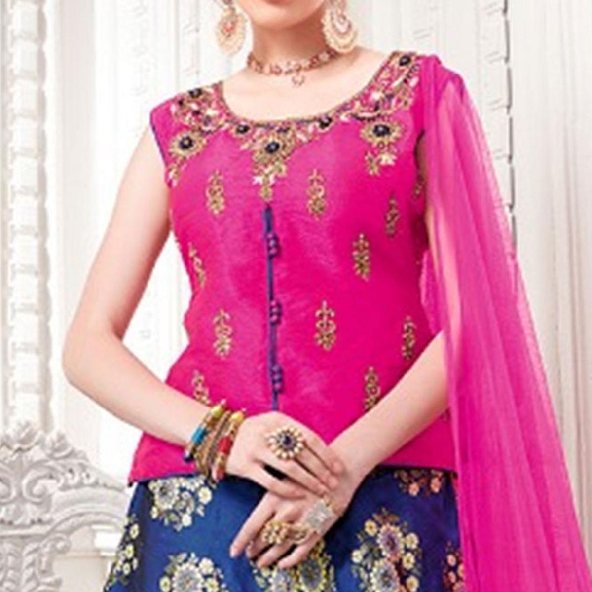 Charming Pink-Blue Colored Partywear Embroidered Jacquard Silk Lehenga Choli - Peachmode