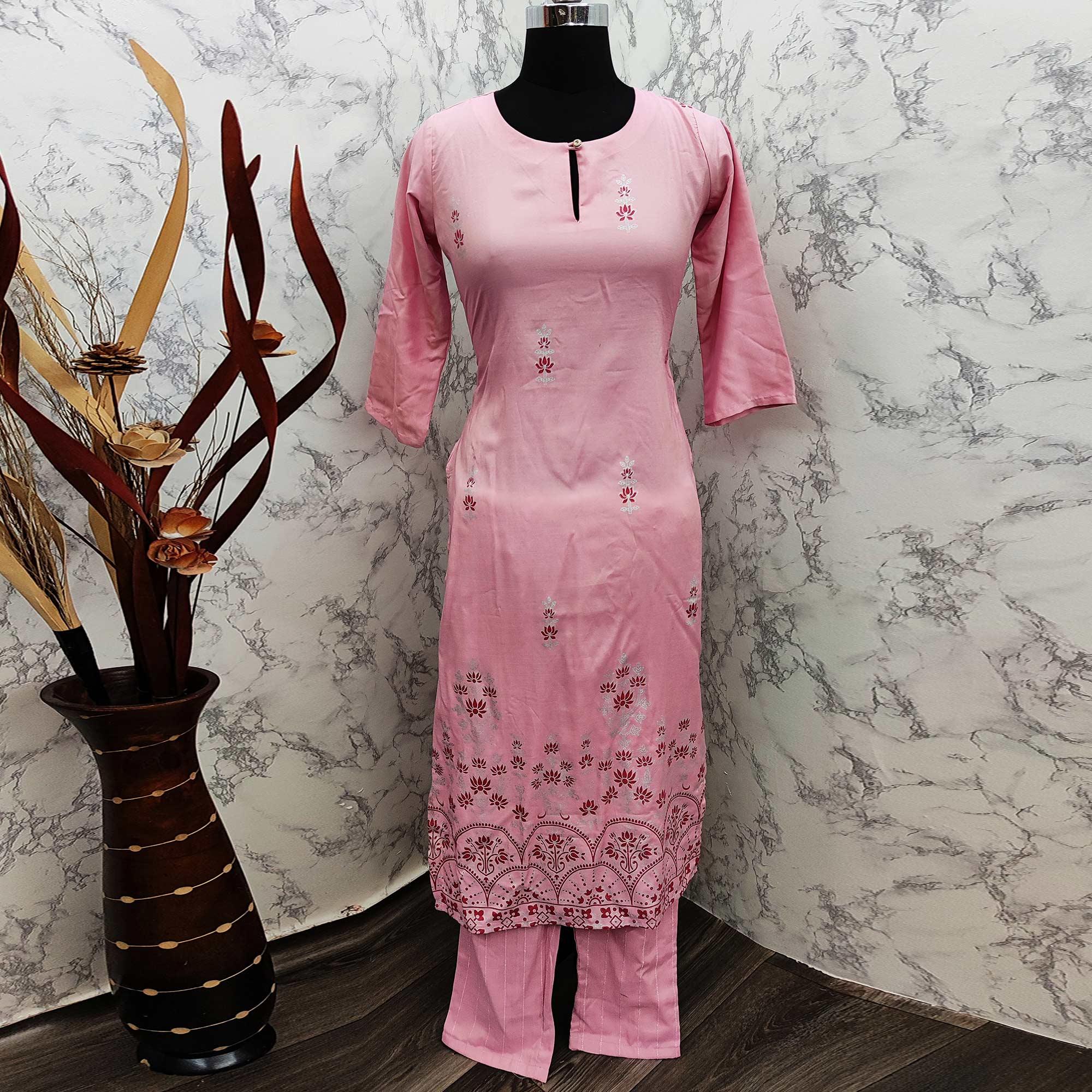 Charming Pink Colored Casual Wear Printed Cotton Kurti - Palazzo Set - Peachmode