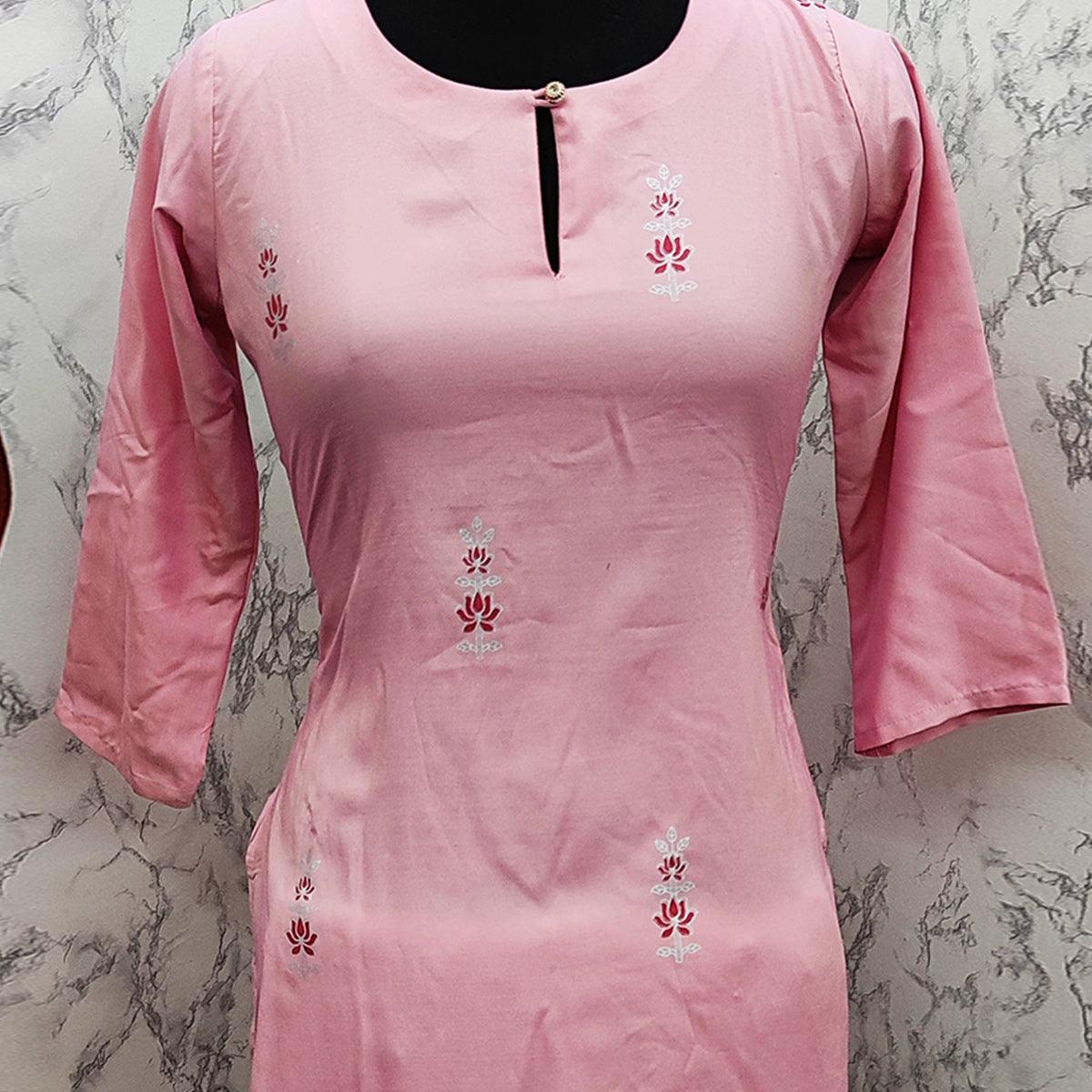 Charming Pink Colored Casual Wear Printed Cotton Kurti - Palazzo Set - Peachmode