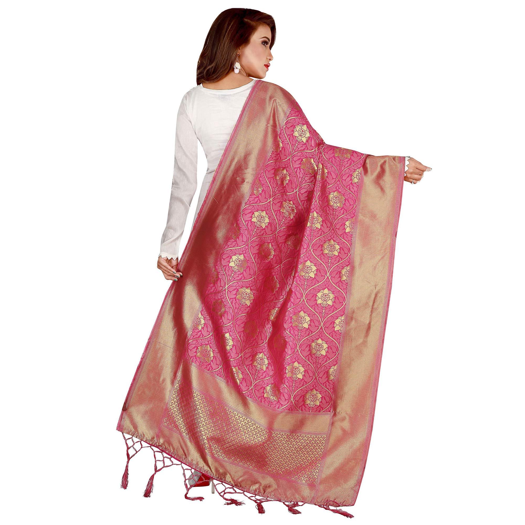 Charming Pink Colored Festive Wear Banarasi Silk Dupatta - Peachmode