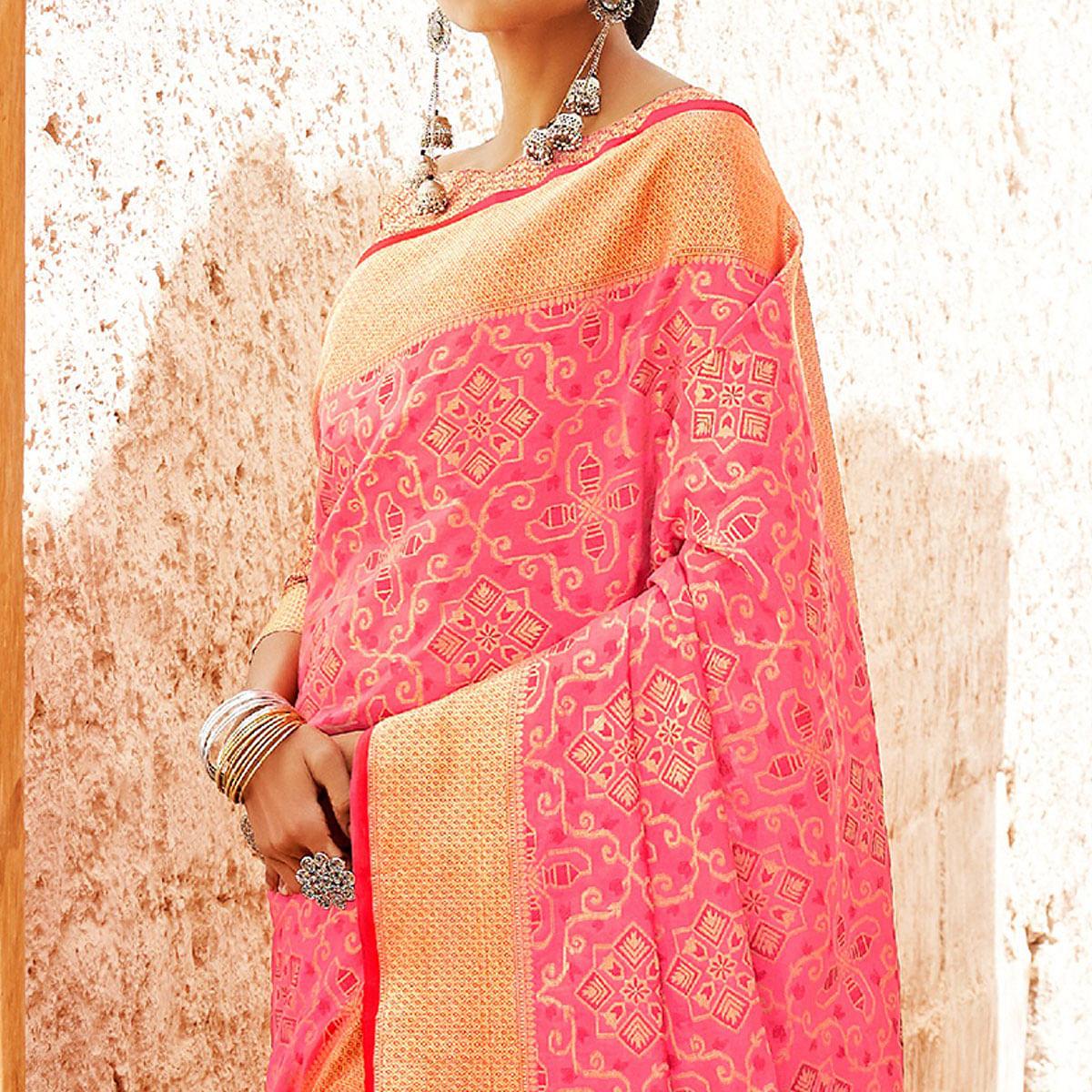 Charming Pink Colored Festive Wear Woven Silk Saree - Peachmode