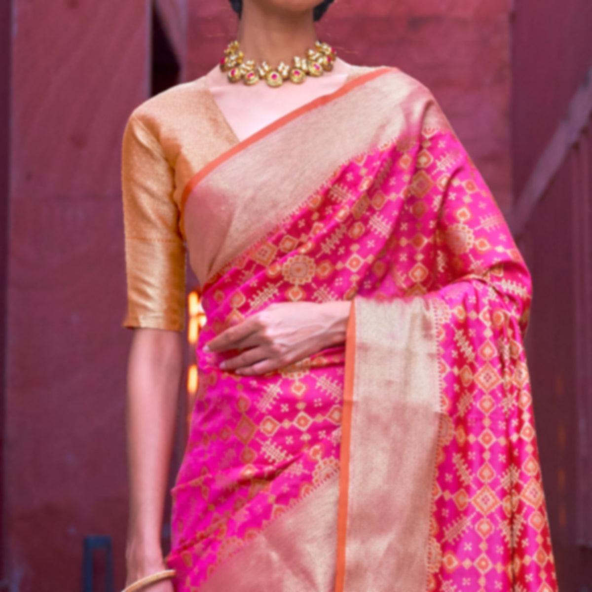 Charming Pink Colored Festive Wear Woven Silk Saree - Peachmode