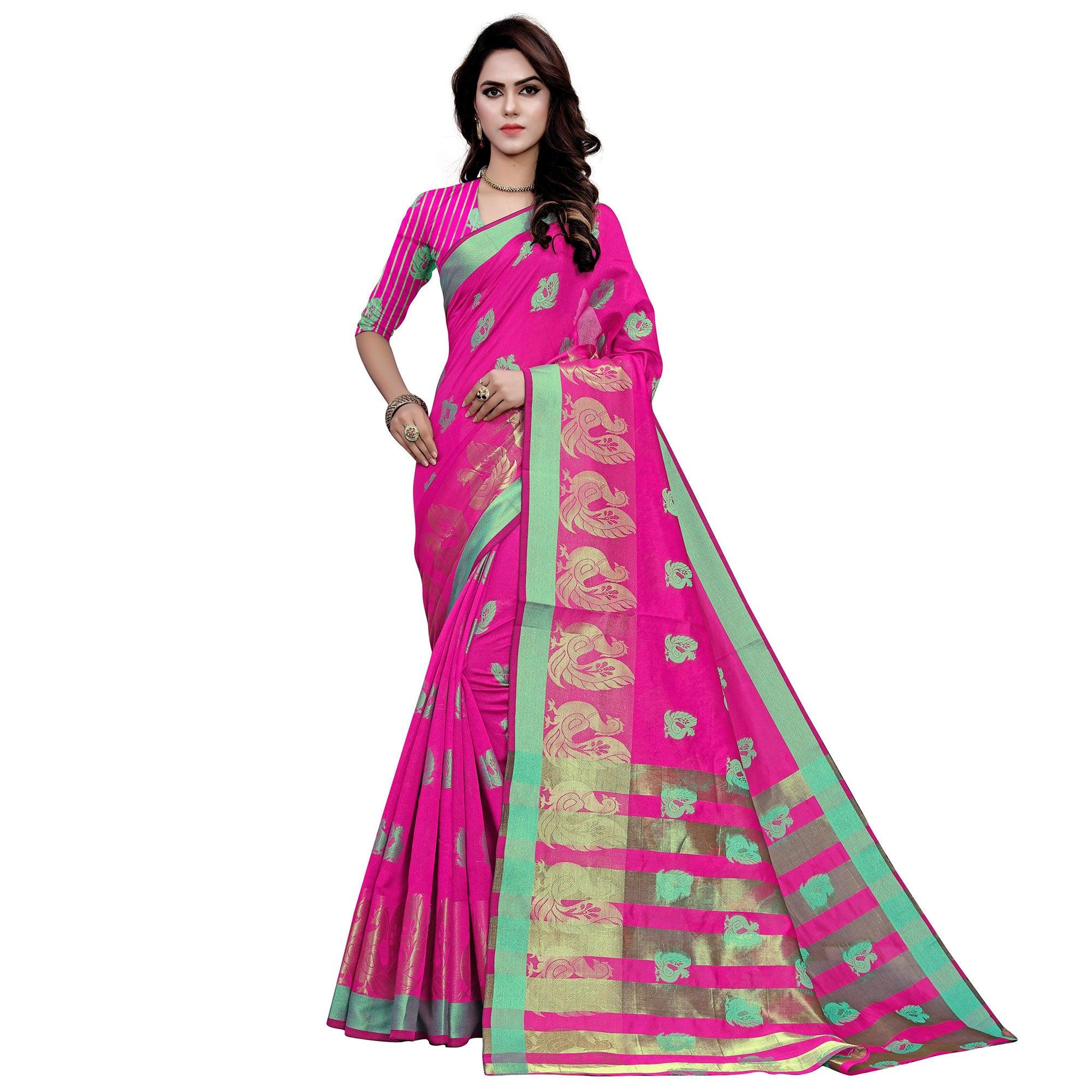 Charming Pink Colored Festive Wear Woven Work Art Silk Saree - Peachmode